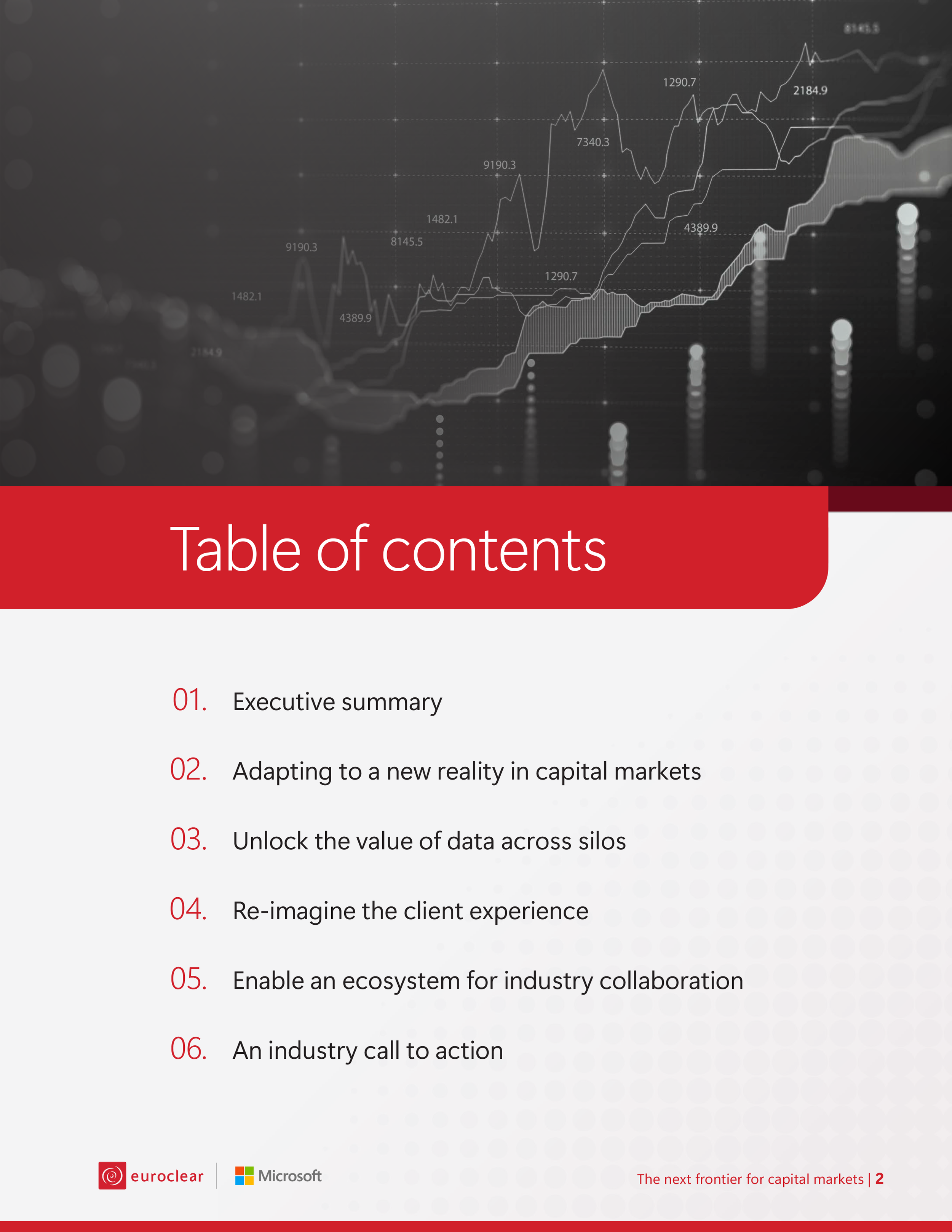 Table of contents page from Euroclear and Microsoft white paper outlining six sections, including executive summary, data strategy, client experience, industry collaboration and a call to action.