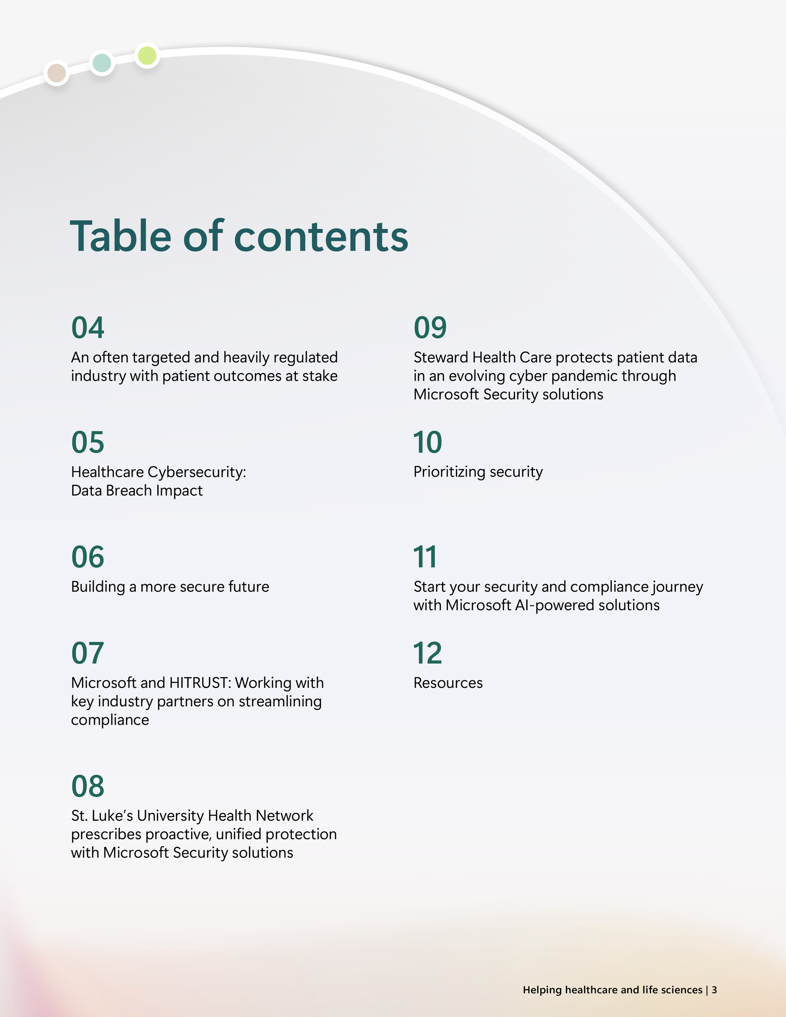 Table of contents page listing sections on healthcare cybersecurity risks, data breach impact, compliance, partner solutions, and other security-focused resources.