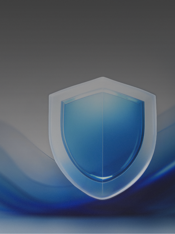 A glass-like shield in shades of blue in front of an organic wave pattern