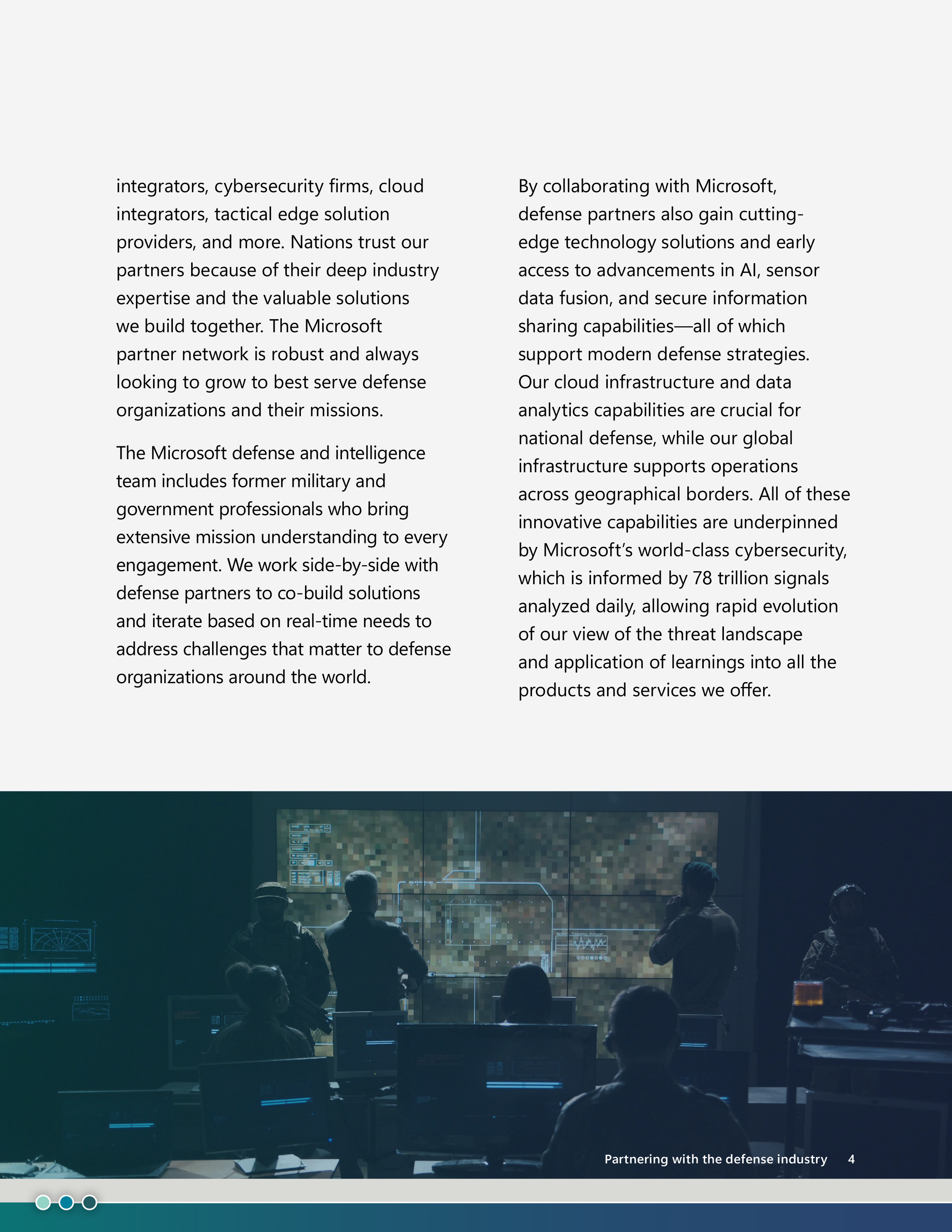 Content page describing Microsoft’s defense partner ecosystem and capabilities, paired with an image of a command center team monitoring data on large screens, representing real-time operations and coordination.