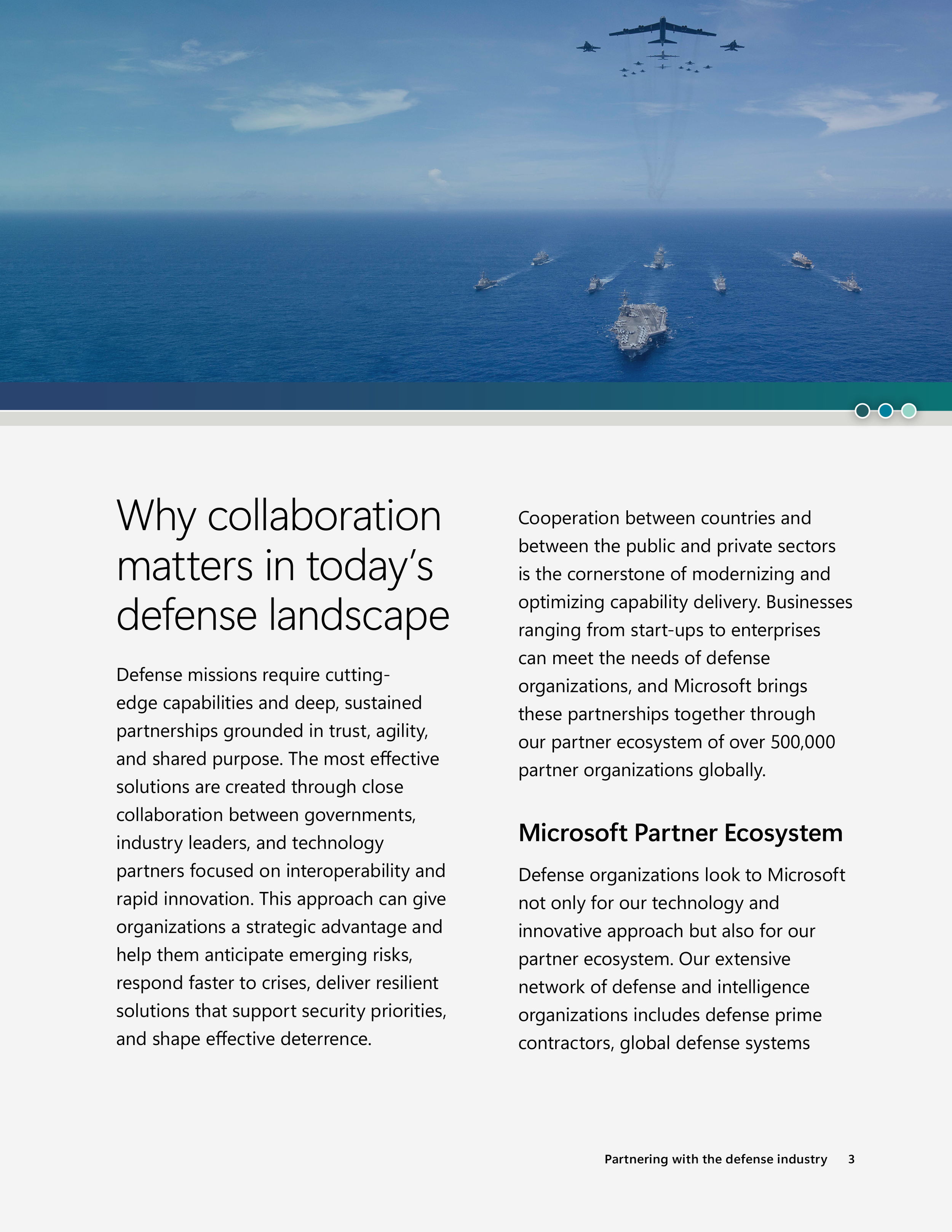 Section titled “Why collaboration matters in today’s defense landscape,” paired with an image of naval ships and aircraft formation, emphasizing global coordination and joint operations.
