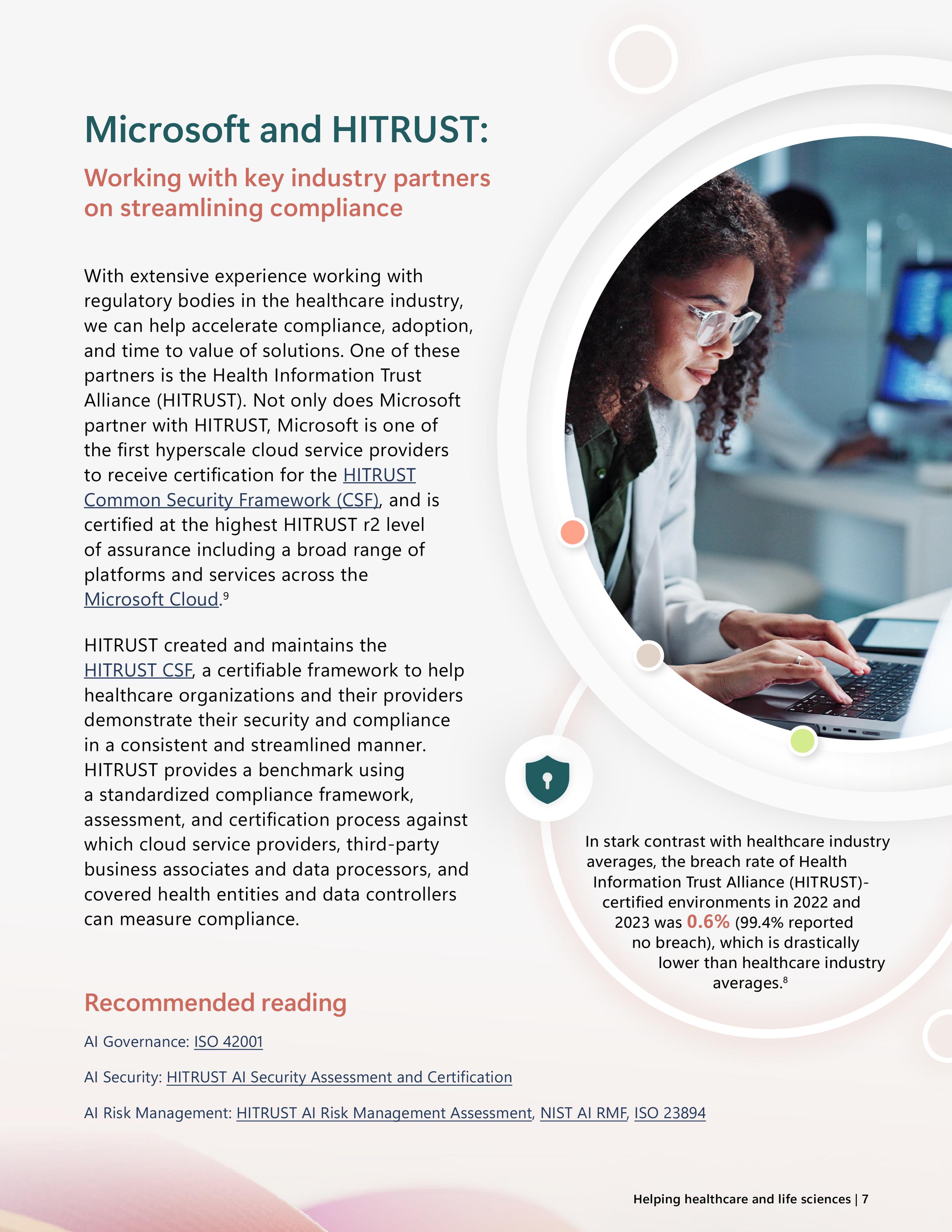 Interior content page describing Microsoft and HITRUST collaboration to streamline healthcare compliance, including certification details and supporting data, with an image of a medical researcher working on a laptop.