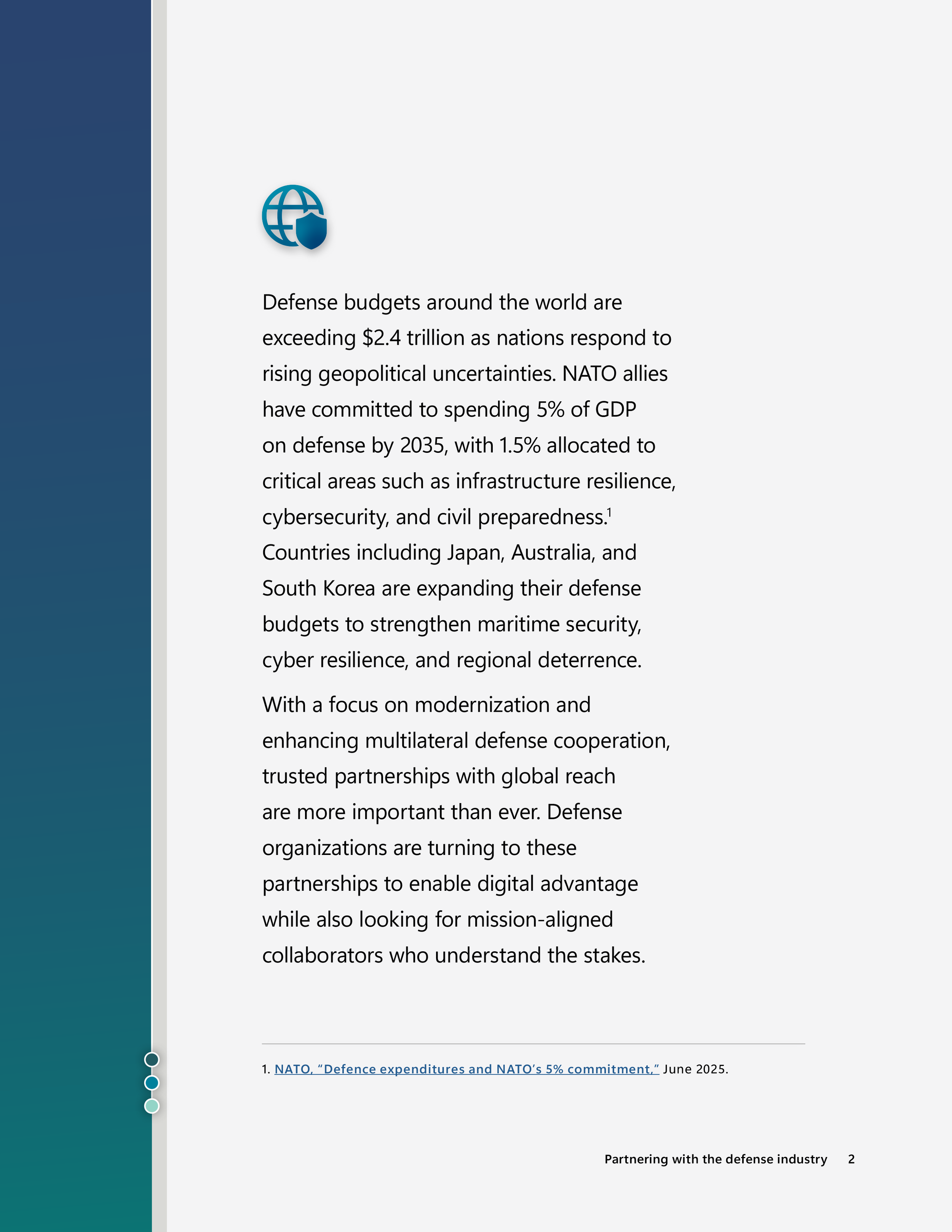 Content page outlining rising global defense budgets and the need for multilateral cooperation, with clean editorial layout and supporting globe with shield icon.