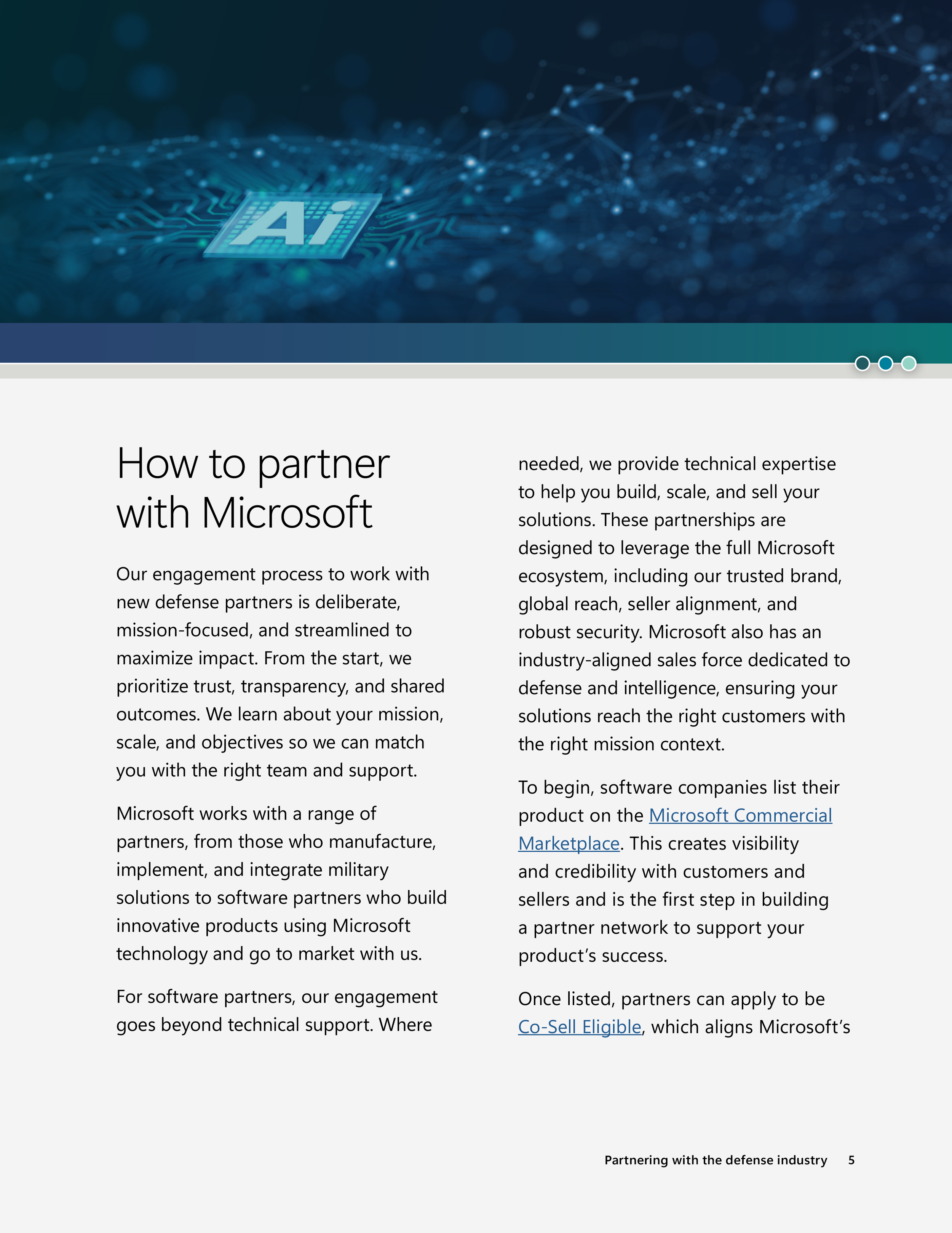 Section titled “How to partner with Microsoft,” outlining the engagement process, partner ecosystem, and steps such as listing on the Microsoft Commercial Marketplace and applying for co-sell eligibility.