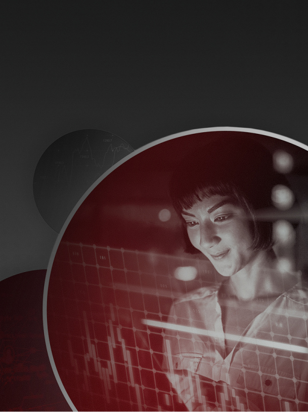 Graphic of a woman smiling while interacting with conceptual financial technology