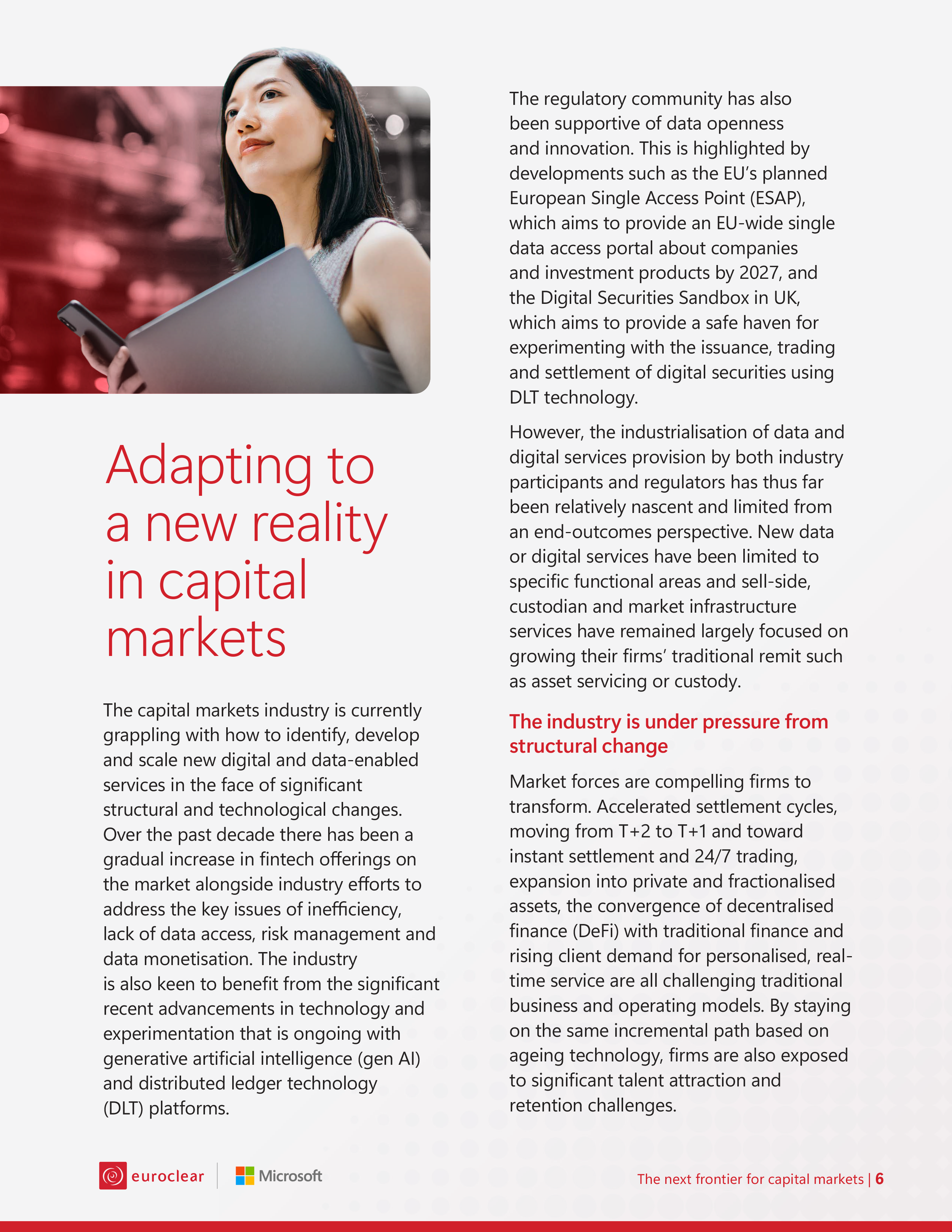 Interior page titled “Adapting to a new reality in capital markets,” discussing regulatory shifts and data-driven transformation, paired with a portrait of a professional woman looking hopeful along a supporting editorial layout.