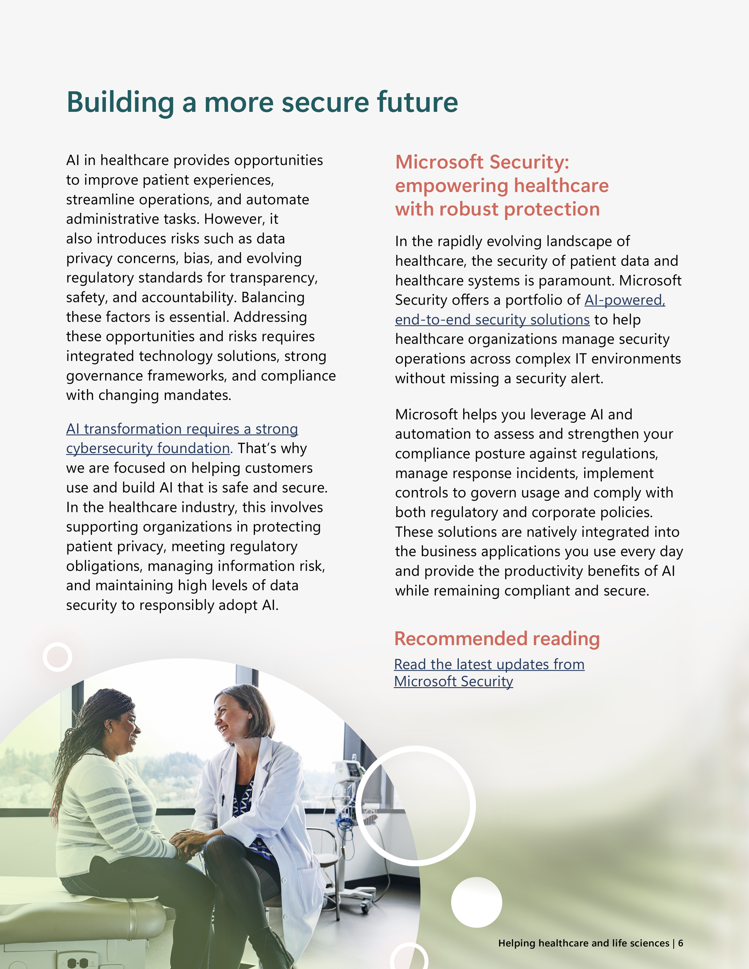 Page titled “Building a more secure future” outlining AI opportunities and cybersecurity risks in healthcare, alongside Microsoft Security solutions. In the lower corner a doctor converses happily with a patient.