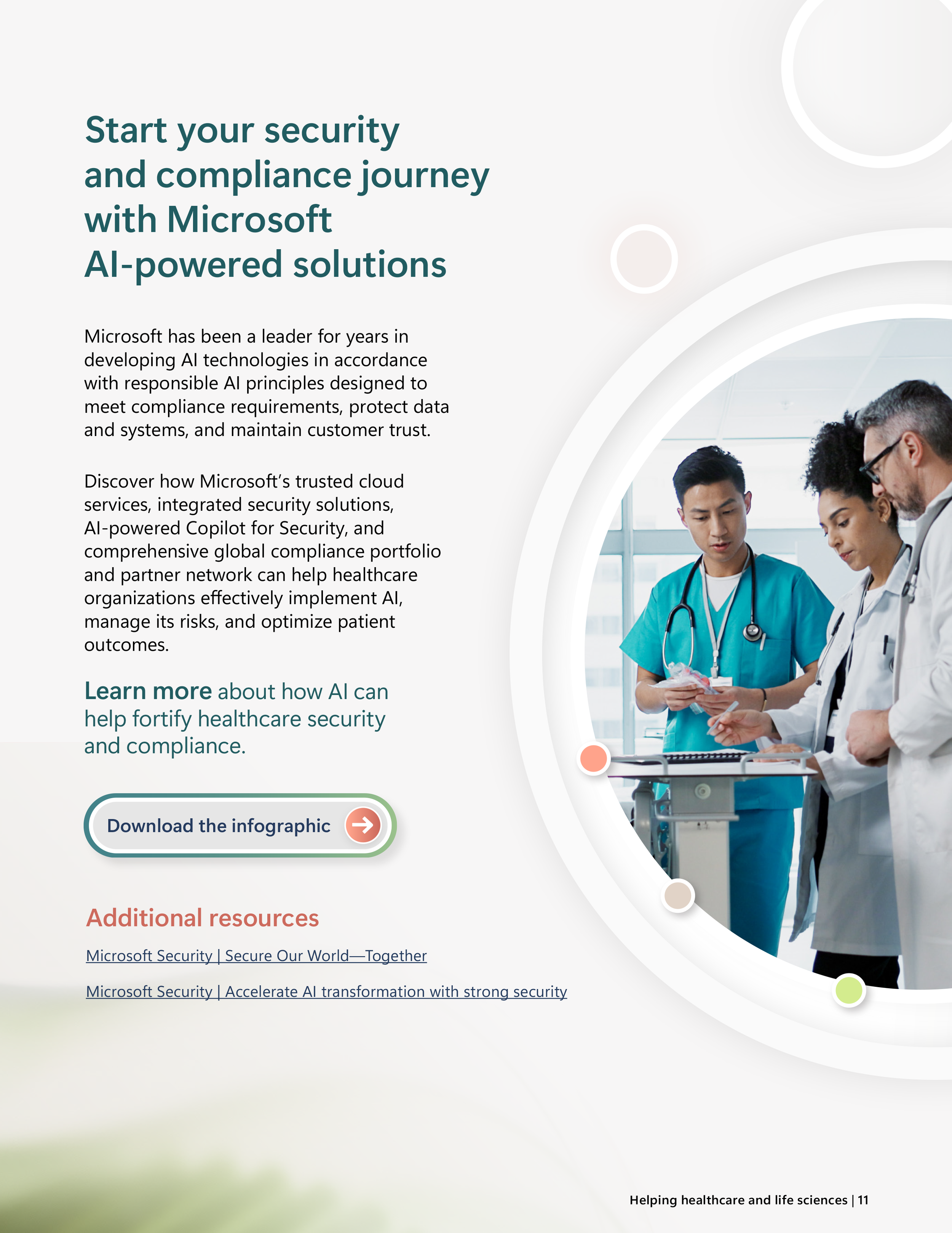 Call to action page titled “Start your security and compliance journey with Microsoft AI-powered solutions,” highlighting services, resources, and next steps, with an image of healthcare professionals in scrubs and white coats reviewing information t
