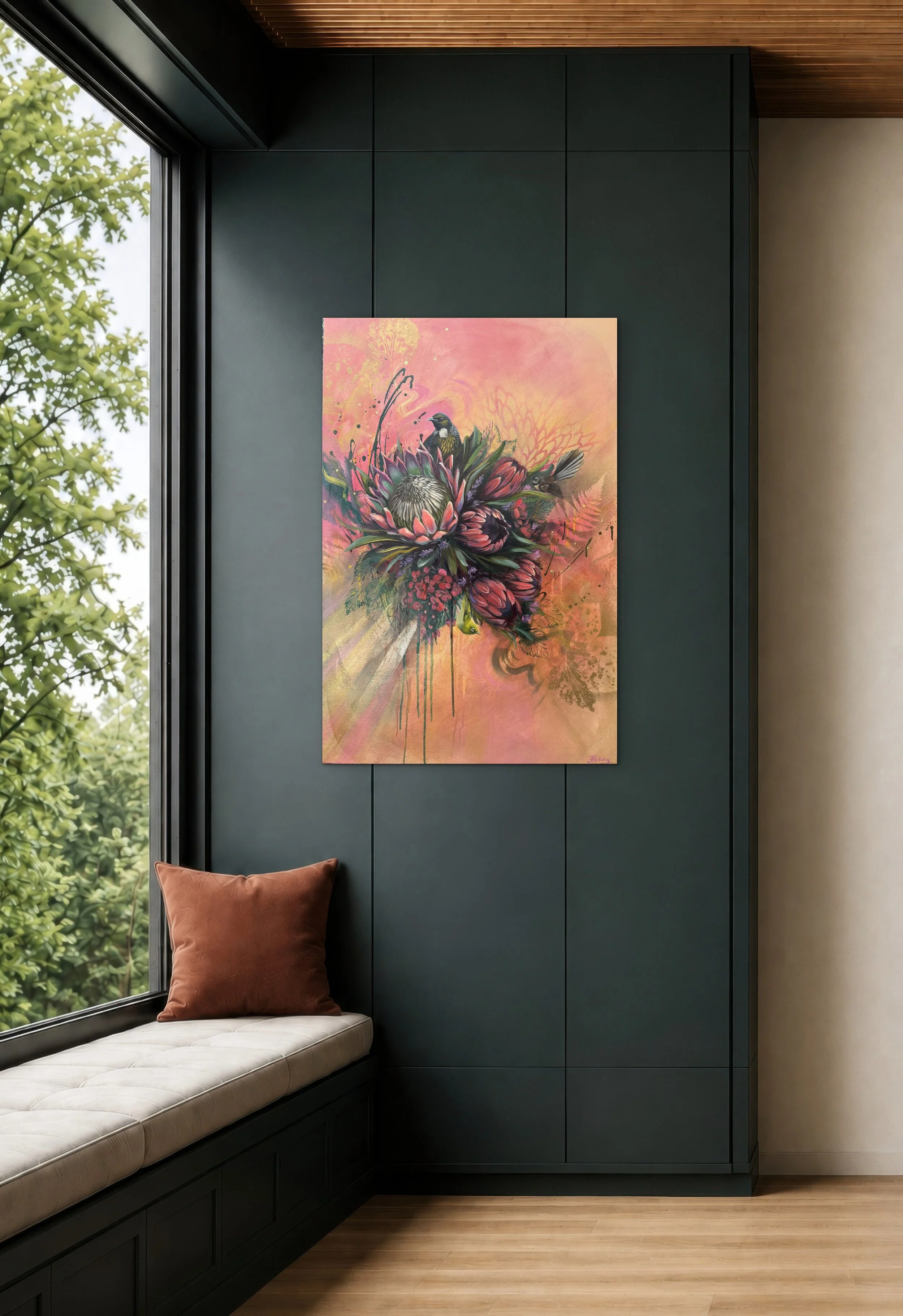 Harmony in Bloom – original mixed media painting featuring New Zealand native birds, proteas and native flowers on a warm pink and orange abstract background.