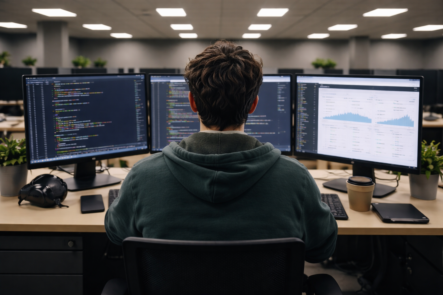 Person working at desk with three computer monitors displaying code and data charts in an office setting.