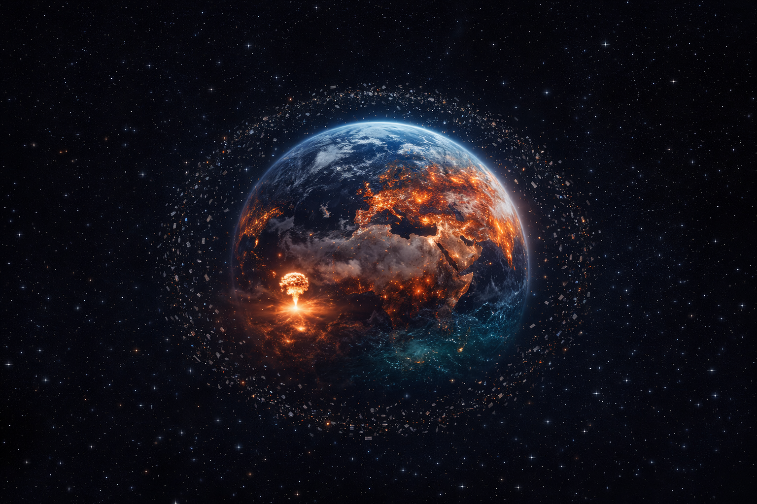 Earth depicted in space with visible continents and city lights, surrounded by a ring of shrapnel or debris, with a nuclear explosion near Africa.