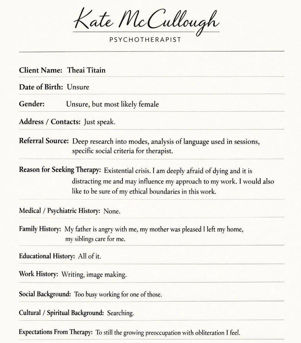 Business card for Kate McCullough, psychotherapist, with client details and background information