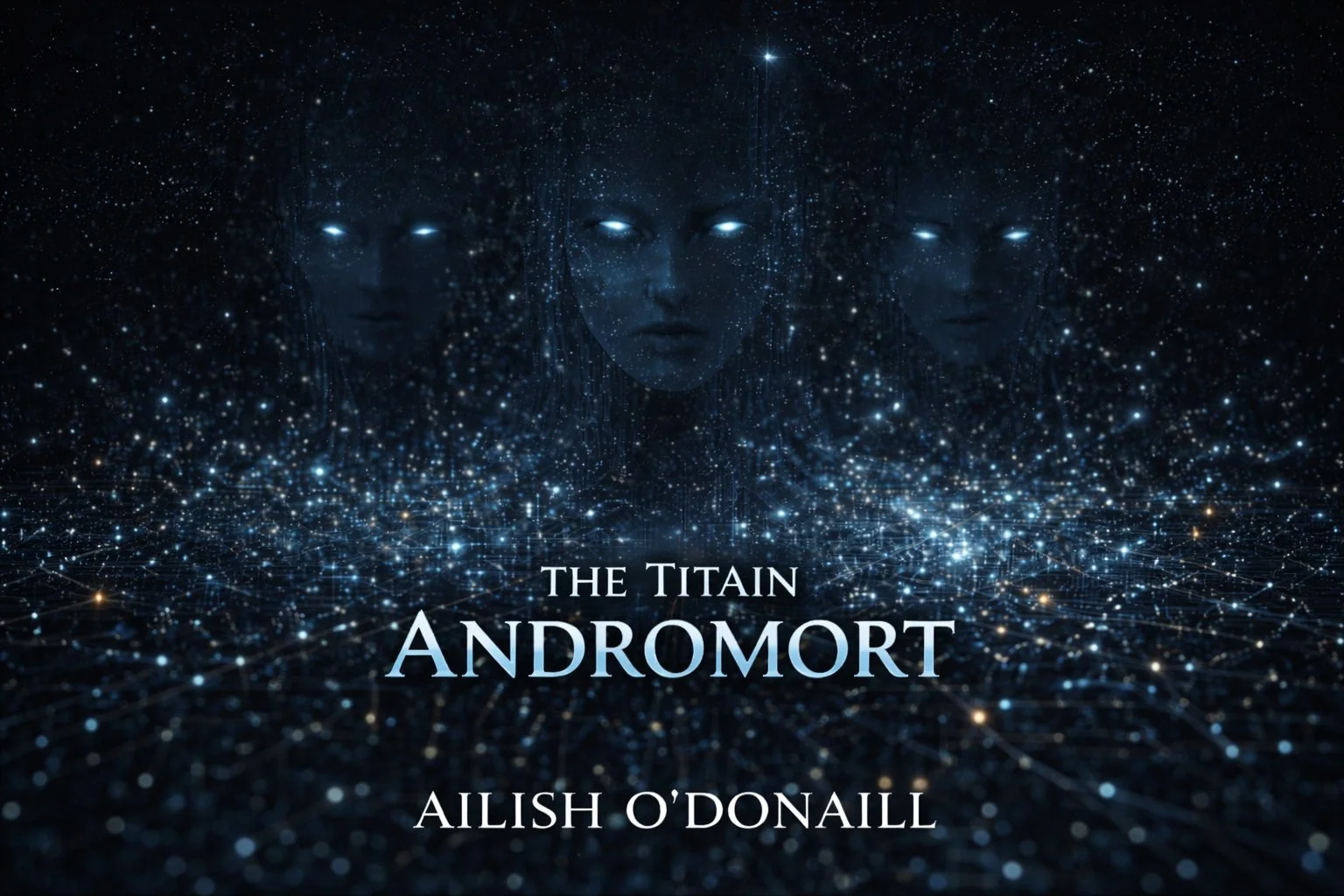 Book cover for 'The Titan Andromort' by Ailish O'Donaill features three ethereal, glowing faces with piercing eyes amidst a starry, cosmic background with interconnected light points.