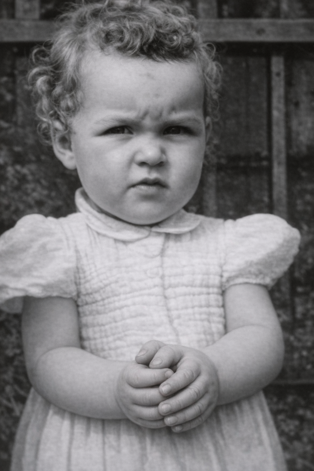 A young girl with curly hair and a serious expression, standing outdoors with arms crossed, wearing a light-colored dress with short, puffed sleeves.