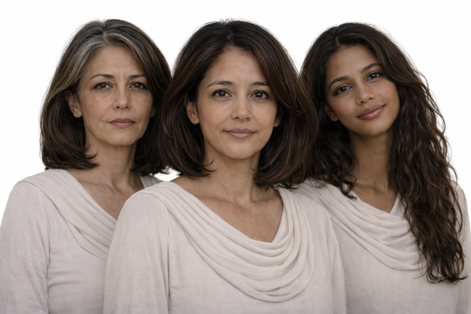 Three women with medium to dark hair and light to medium skin tones standing close together, facing forward, wearing light-colored tops against a white background.