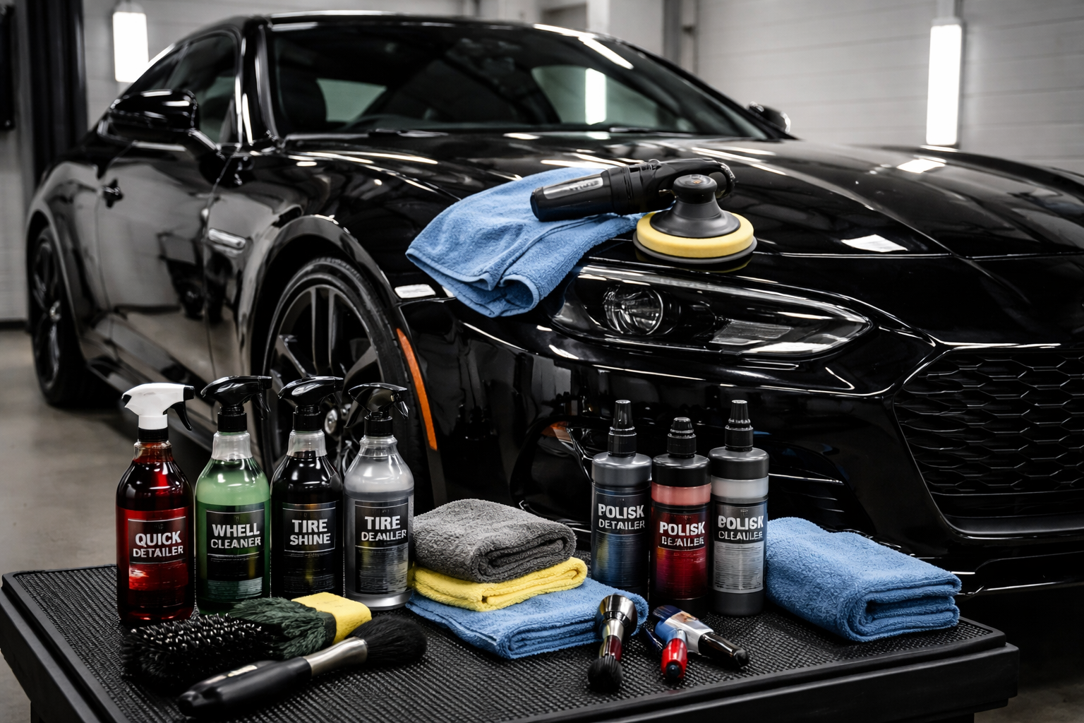 A black car in a detailing garage with cleaning and polishing supplies, including spray bottles, towels, brushes, and polishing pads.