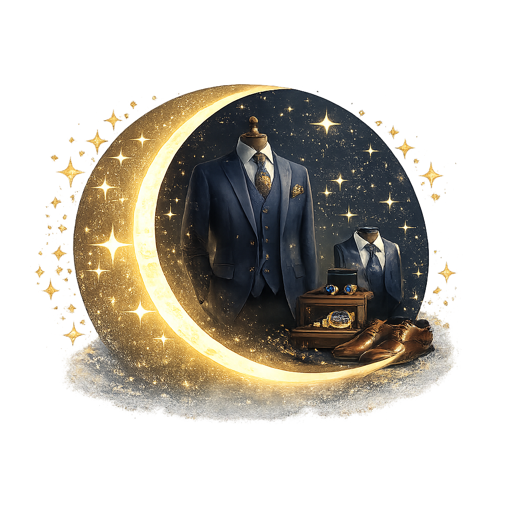 Elegant display of men's formalwear with jackets, shoes, and accessories set against a celestial moon and starry background.