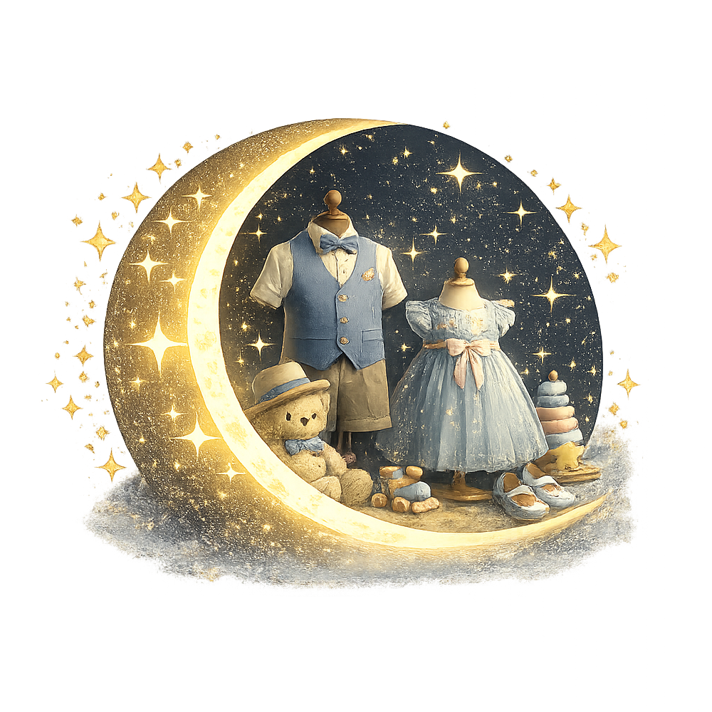 Decorative display of children's dress-up clothes inside a moon-shaped frame with starry night background, including a boy's vest and shorts, a girl's dress, and small shoes and accessories.