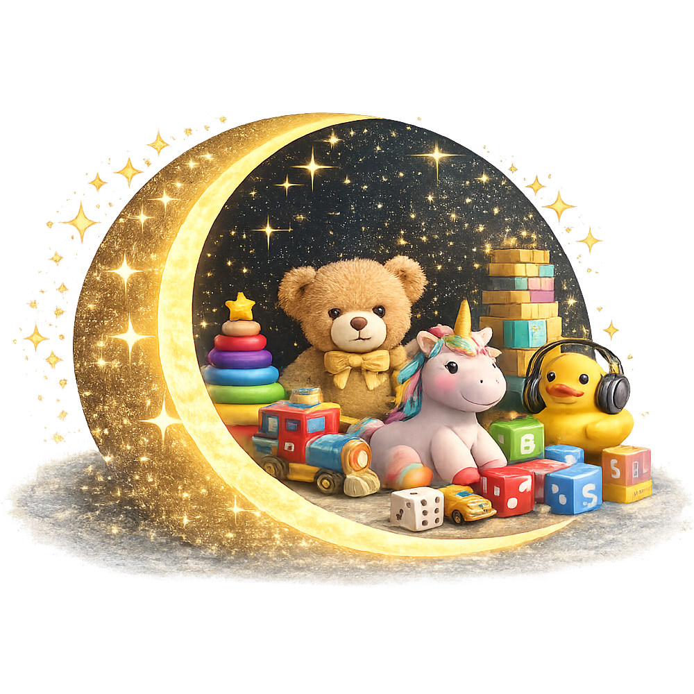 Stuffed toys including a teddy bear, unicorn, and rubber ducky surrounded by colorful blocks, a toy truck, dice, and a rainbow stacking toy inside a glowing crescent moon and star backdrop.