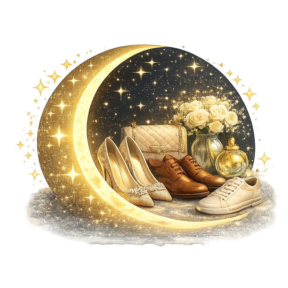 A decorative display with a gold crescent moon, sparkling stars, and several pairs of shoes including heels, loafers, and sneakers, along with a vase of white roses and a quilted purse, all set against a starry backdrop.