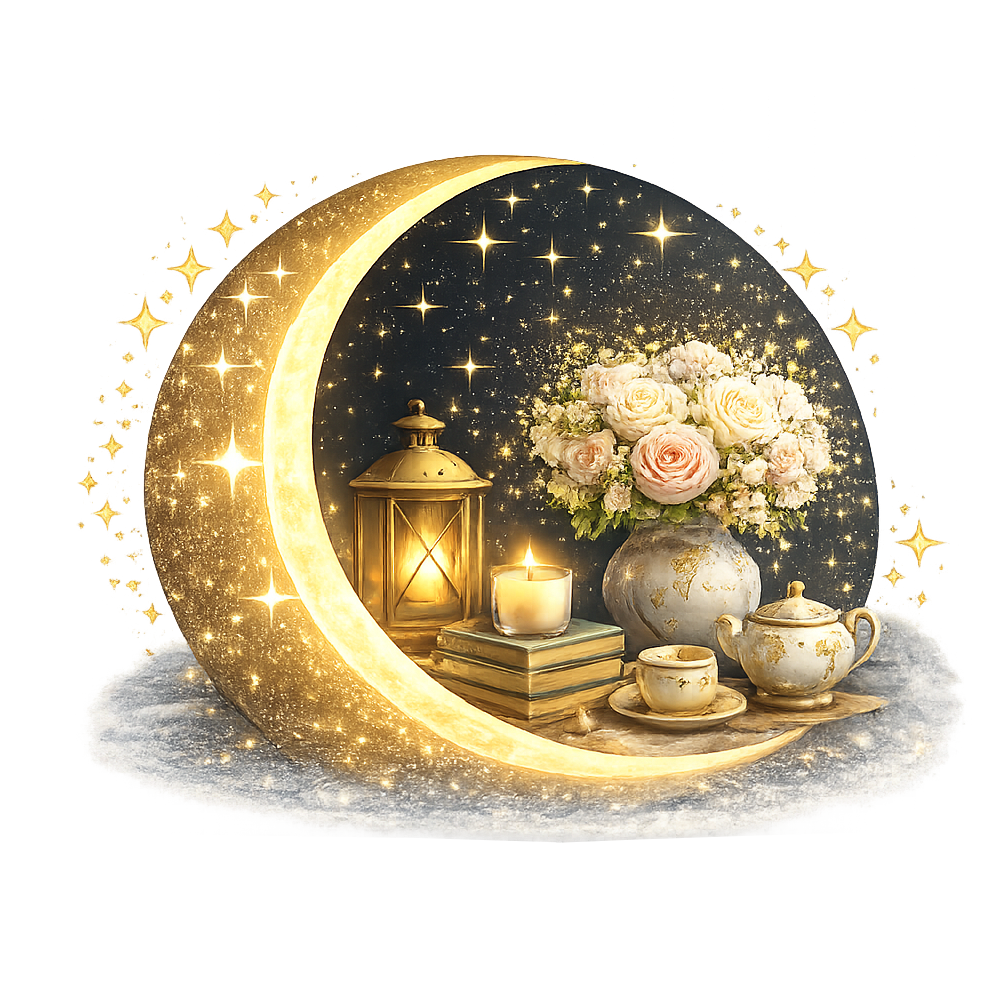 Decorative scene featuring a glowing crescent moon with embedded stars, a bouquet of white and pink roses in a vase, a lit candle, a lantern, and vintage teacup and teapot set, arranged on a reflective surface against a starry background.