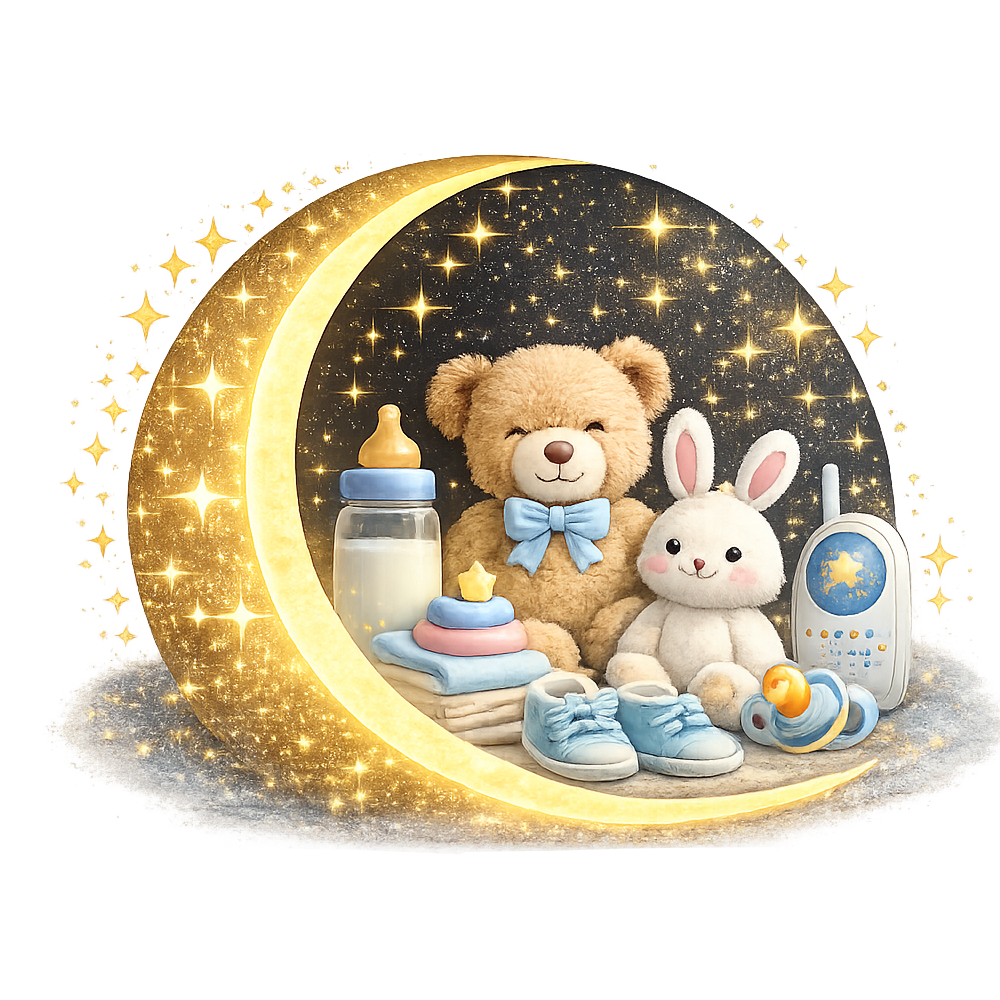 A decorative scene with plush toys including a teddy bear with a blue bow, a bunny, and baby items like a bottle, pacifier, baby shoes, and a remote control, with a large glowing crescent moon and starry background.