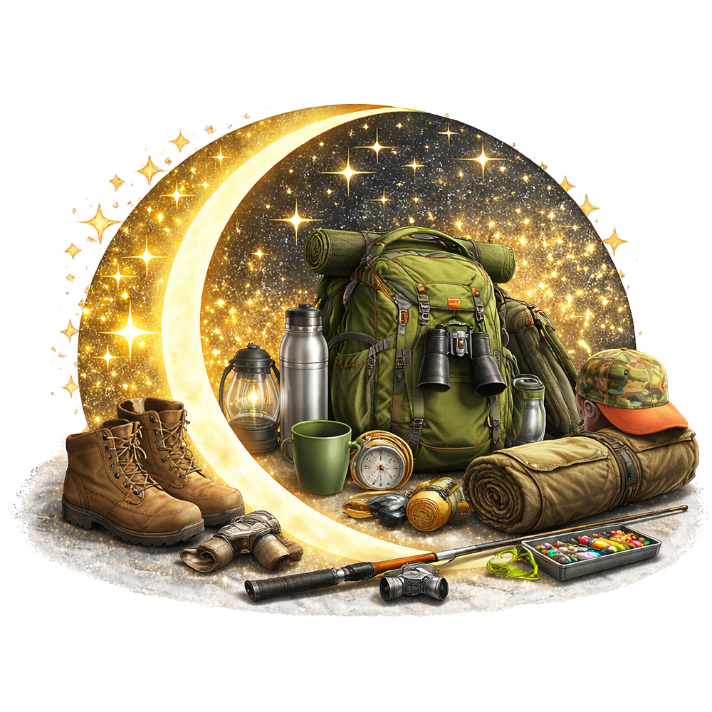 Camping gear including hiking boots, binoculars, flashlight, thermos, mug, alarm clock, walking stick, binoculars, a large green backpack, rolled-up sleeping mat, camouflage hat, small tackle box with fishing gear, and other supplies arranged in front of a glowing crescent moon and starry night background.