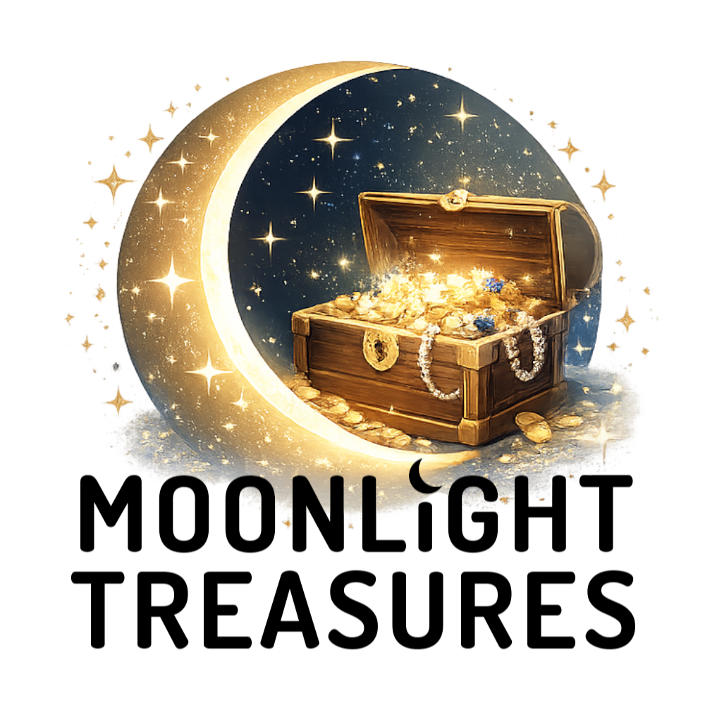 A treasure chest filled with gold coins, jewelry, and blue gemstones, resting on a starry night sky with a crescent moon, surrounded by glowing stars and golden sparkles.