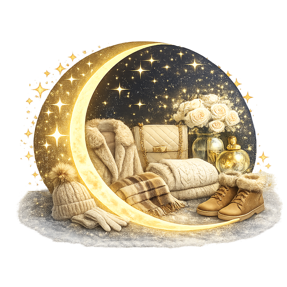 Decorative cozy scene with a large illuminated crescent moon, plush clothing items, a quilted handbag, white roses, a glass vase, and gold decorative objects against a starry background.
