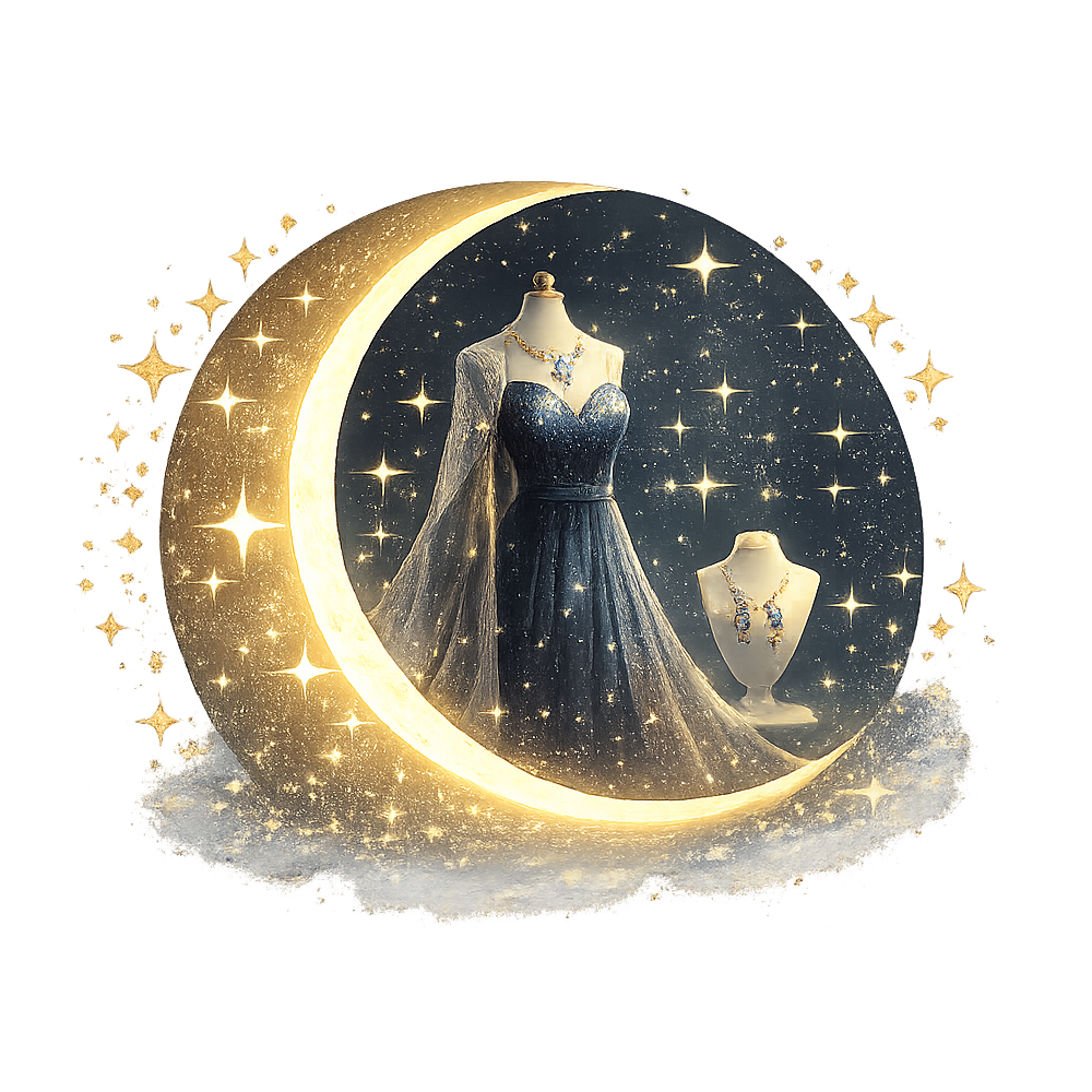 Display of elegant jewelry on mannequins inside a crescent moon-shaped and starry night decor.