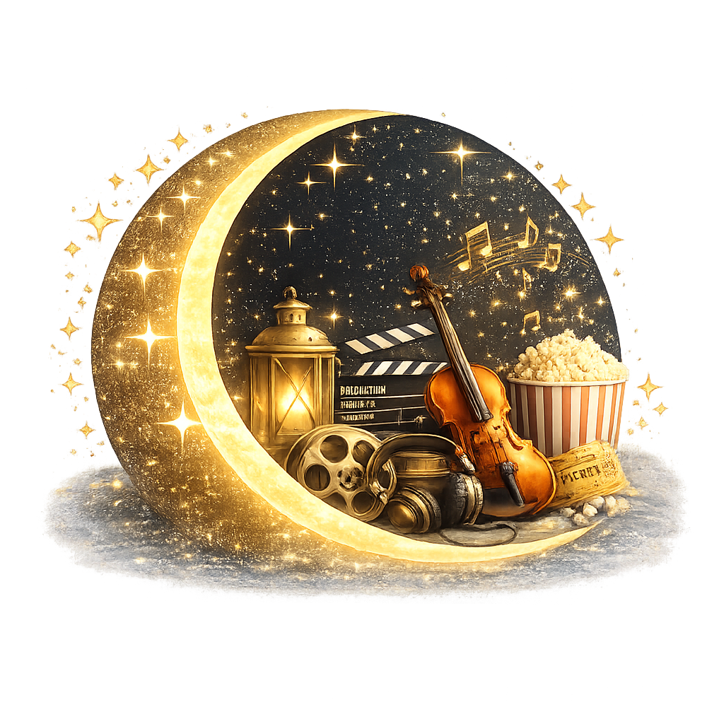 Decorative scene with a glowing crescent moon and starry night background, featuring a vintage lantern, film clapperboard, violin, a skull, headphones, a popcorn bucket, and a miniature whiskey bottle.