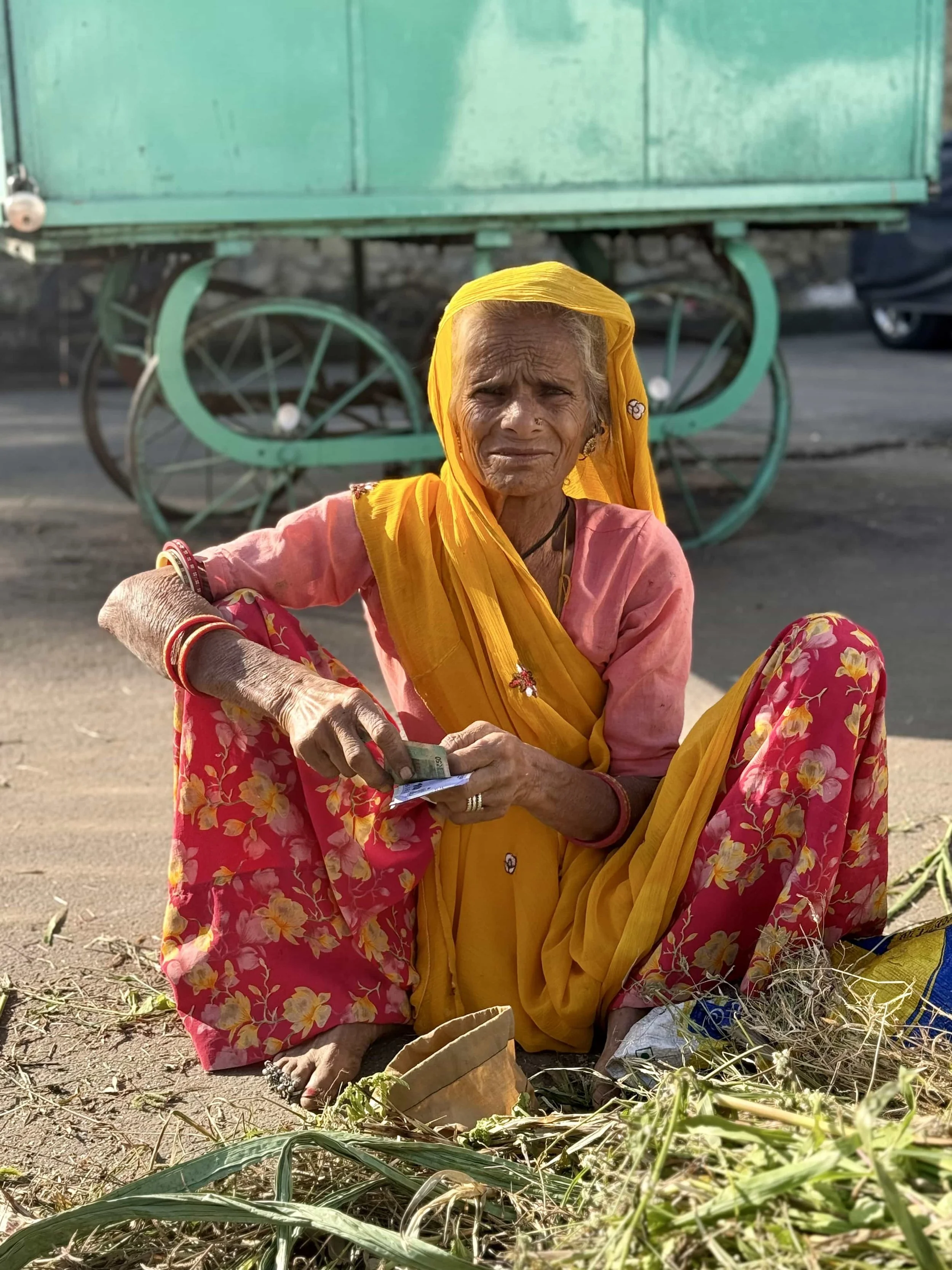 An elderly woman dressed in a bright yellow sari with a yellow head covering, sitting on the ground in front of a traditional green rickshaw or cart. She has a serious expression, is holding money in her hand, and is surrounded by some grass and dry 