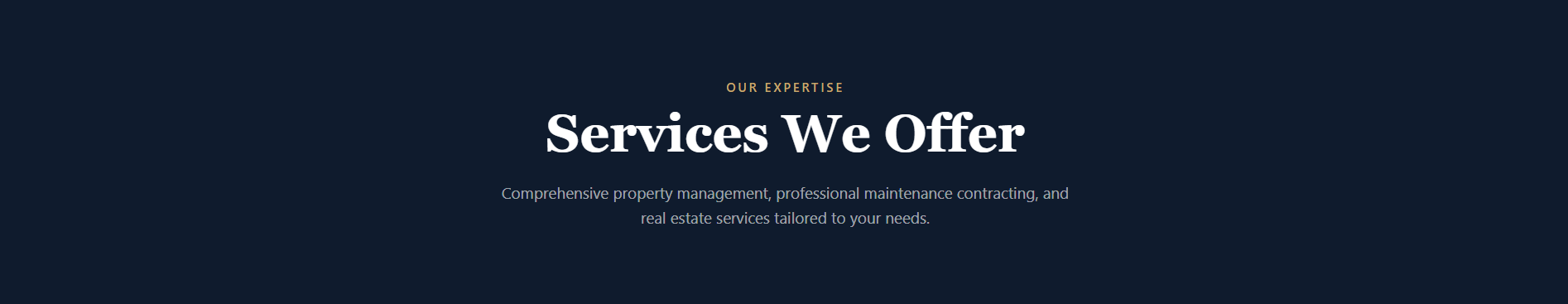 Website header with text 'Services We Offer' and a brief description of property management, maintenance, and real estate services.