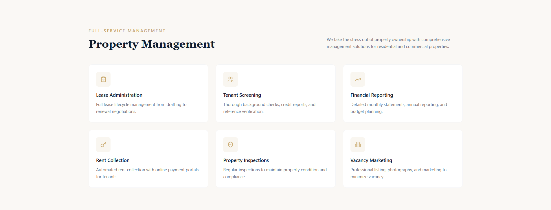 A webpage titled 'Property Management' with six service options: Lease Administration, Tenant Screening, Financial Reporting, Rent Collection, Property Inspections, and Vacancy Marketing, each with icons and descriptions.