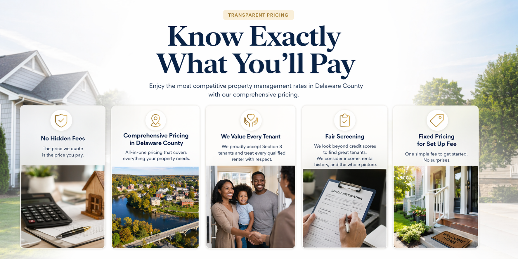 Website page about property management rates in Delaware County with sections on no hidden fees, comprehensive pricing, tenant valuation, fair screening, and setup fee, featuring images of a calculator, cityscape, family handshake, rental application, and house entryway.