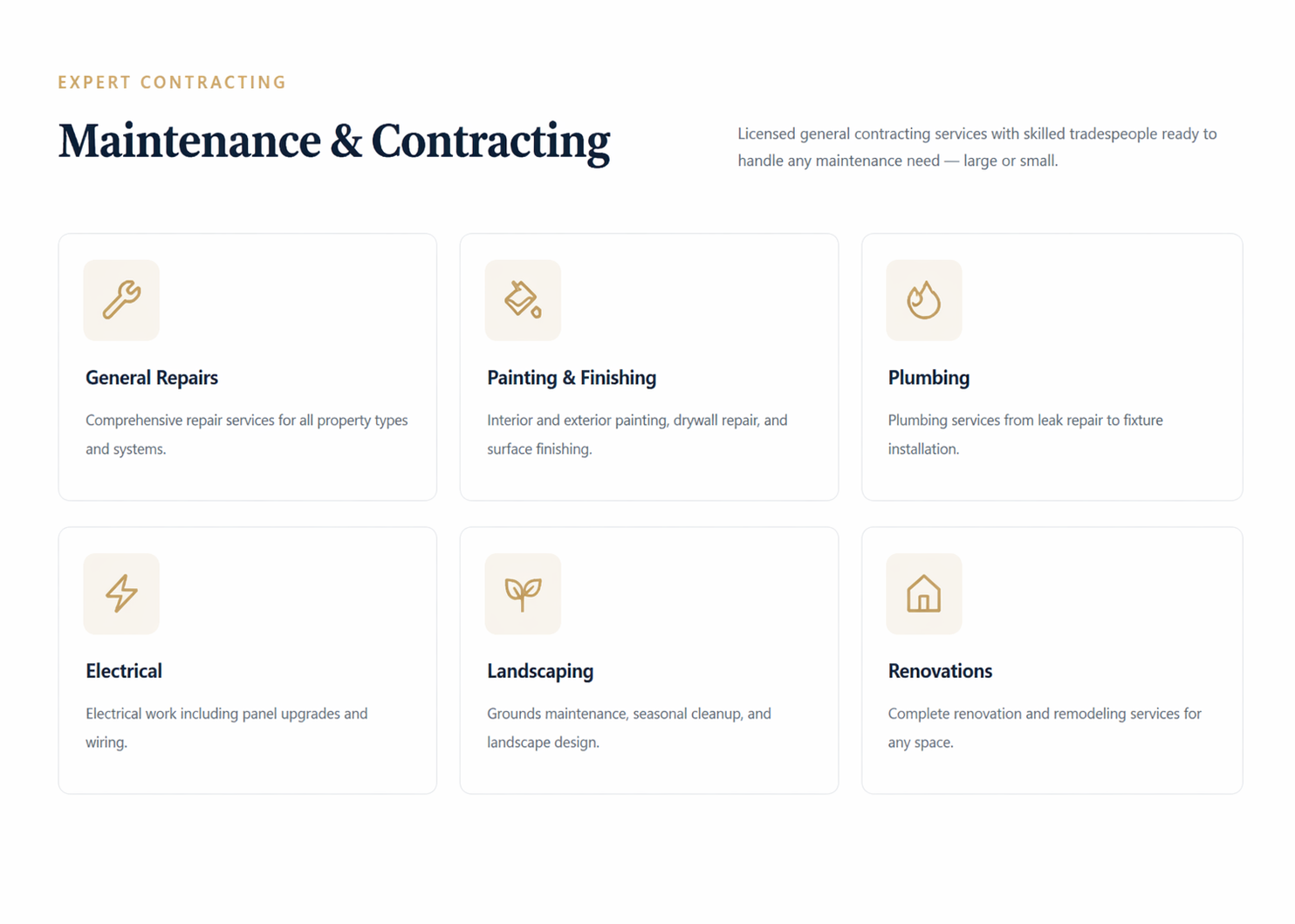 Website section titled 'Maintenance & Contracting' with service categories: General Repairs, Painting & Finishing, Plumbing, Electrical, Landscaping, Renovations, each with icons and descriptions.