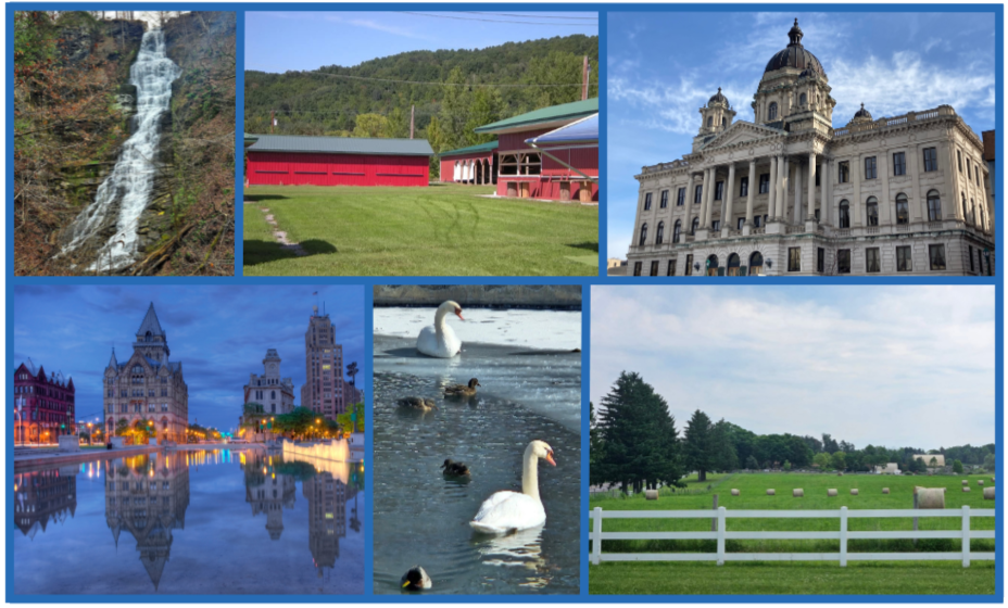 A collage of central New York landmarks including the swan pond, falls, the legislature, downtown Syracuse, and a farm