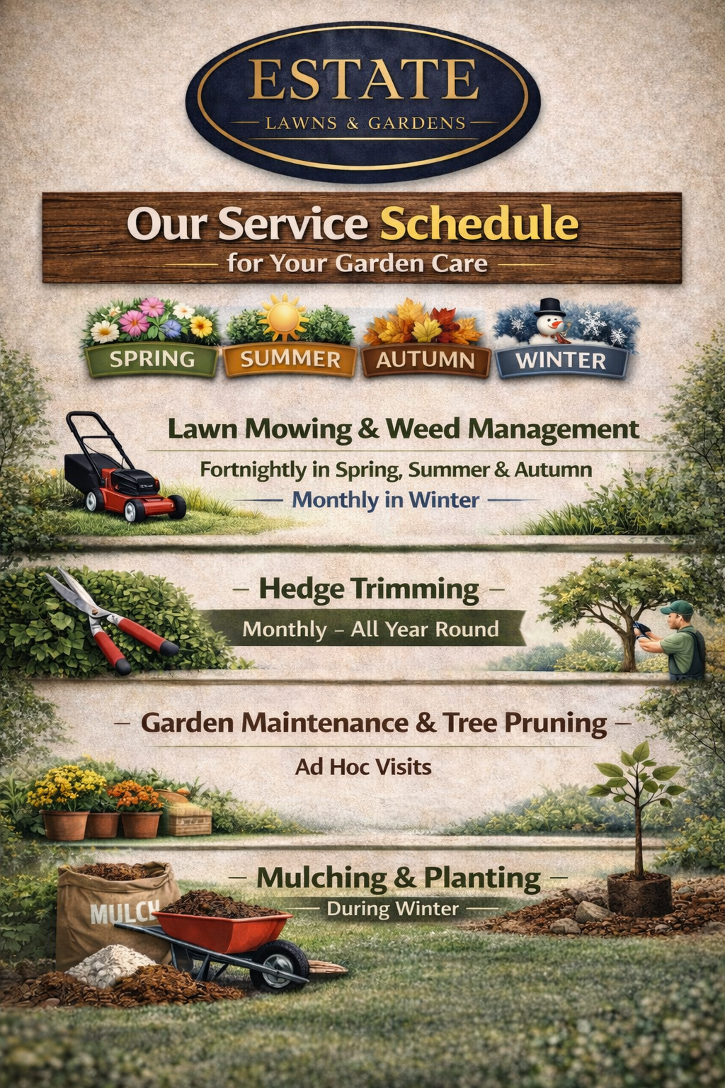 A sign displaying lawn and garden care services by the estate lawns and gardens company, with seasonal service schedule icons for spring, summer, autumn, and winter, and specific maintenance tasks listed including lawn mowing, weed management, hedge trimming, garden maintenance, and mulching.