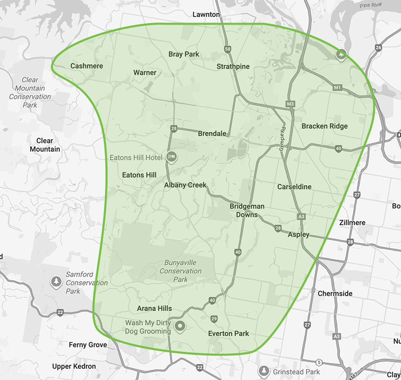 Map highlighting neighborhoods and parks around Albany, Georgia, including Cashmere, Bray Park, Warner, Strathpine, Bracken Ridge, Brendale, Albany Creek, Carseldine, Bridgeman Downs, Aspley, Everton Park, Arana Hills, and nearby parks such as Bunyaville Conservation Park and Samford Conservation Park.