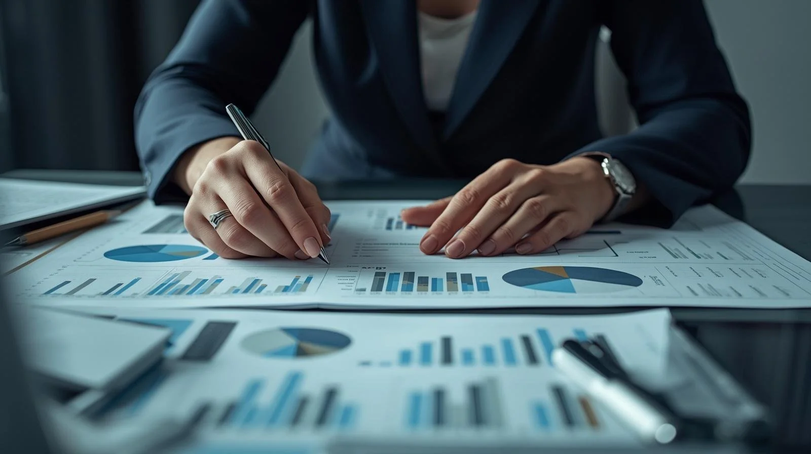 A person in a dark suit working on financial graphs and charts at a desk, using a pen. Financial Planner. IG Wealth. 