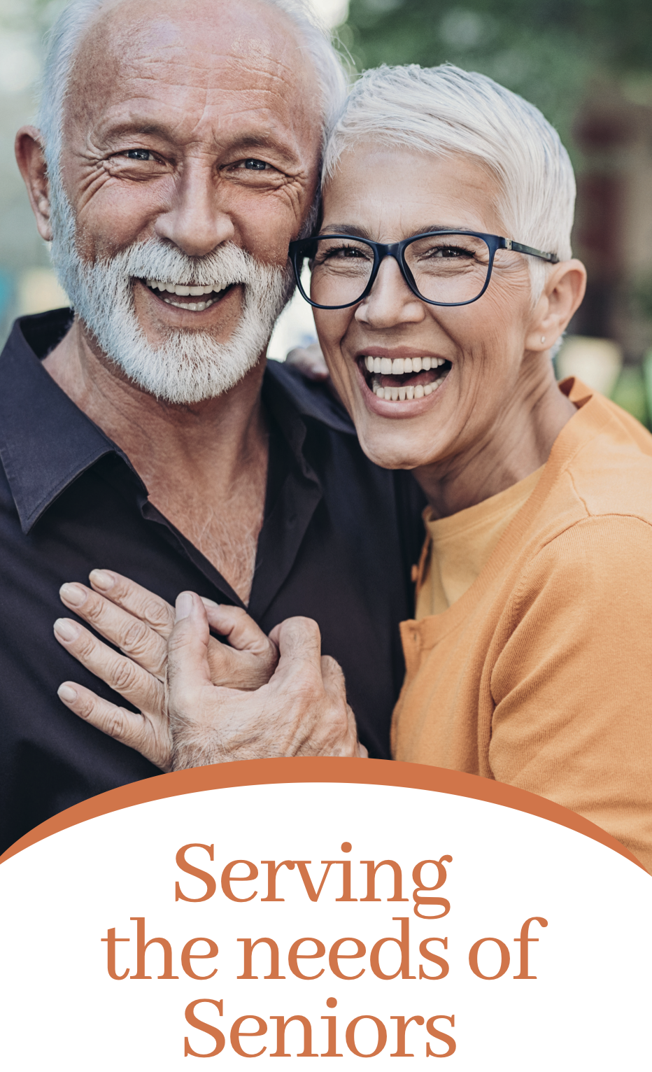 Seniors Professional Services banner. An elderly man with a white beard and a woman with short white hair and glasses, smiling and hugging each other outdoors.