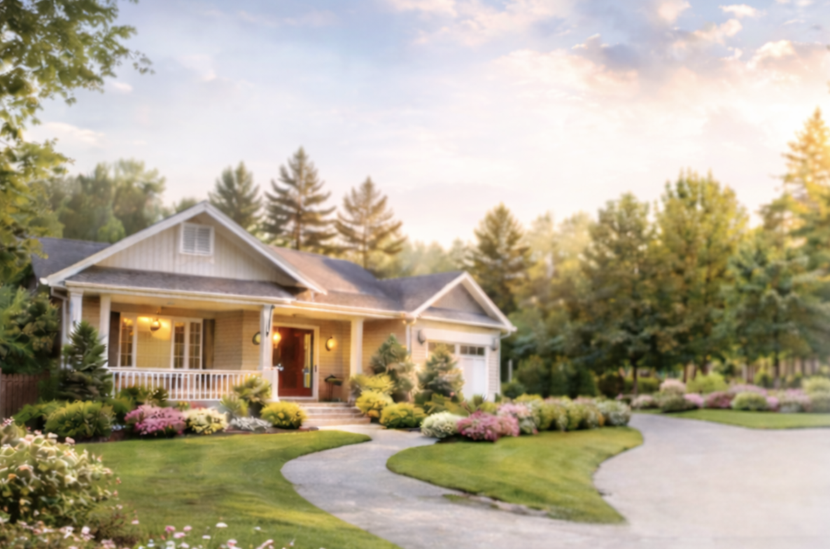 A cozy house with a porch surrounded by colorful flowers and lush green trees. Representing Judy Sehling Personal Real Estate Corporation, and SRES Realtor. 