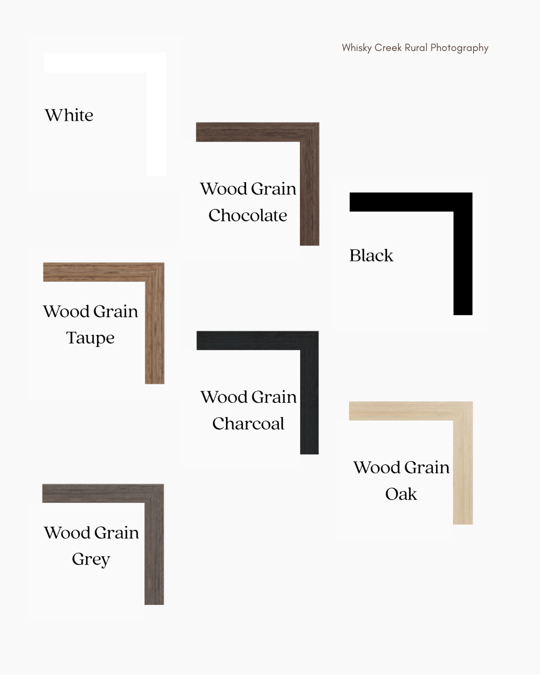 A color comparison chart of wood grain finishes including White, Wood Grain Taupe, Wood Grain Grey, Wood Grain Charcoal, Wood Grain Oak, Wood Grain Chocolate, and Black, with the finishes arranged in a scattered pattern.