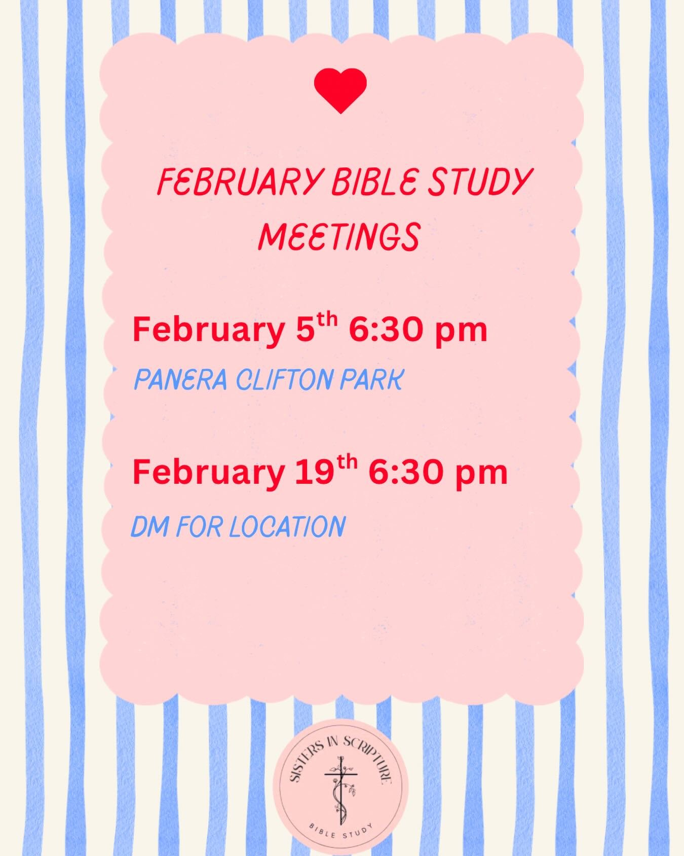 Join us for our February meetings for Bible study! If you are interested in joining please send us a DM🤍

Feb 5th: Panera Bread, Clifton Park (6:30pm)

Feb 19th: DM for location info! (6:30pm) Crafts are involved 🎨

#biblestudy #saratogasprings #wo