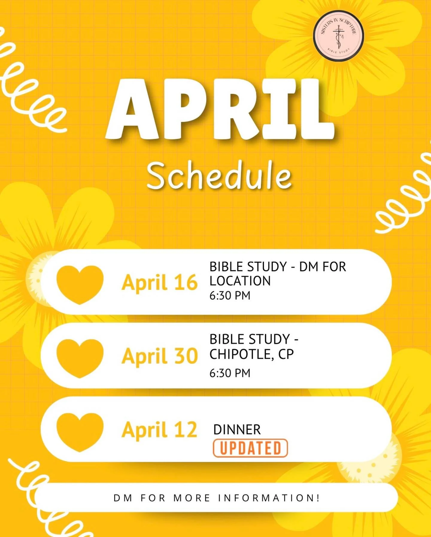 April is here, and we&rsquo;d love to have you join us this month!🌸🌼

&bull; Dinner &mdash; April 12 (UPDATED)
&bull; Bible study &mdash; April 16
&bull; Bible study &mdash; April 30

More details to come. Looking forward to seeing you and spending