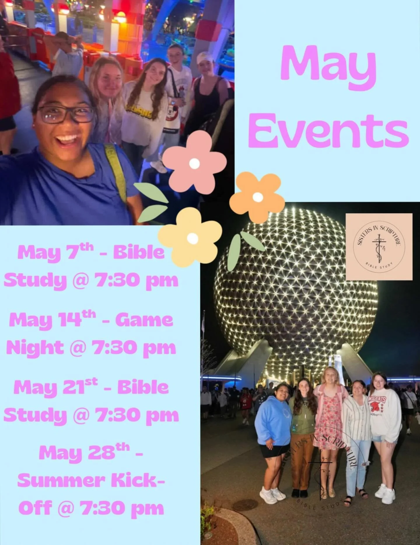 🌸 Sisters in Scripture Orlando &ndash; May Events 🌸

Hey ladies! 💛 We&rsquo;re so excited for everything happening this month and would love for you to join us. Whether you&rsquo;ve been coming for a while or it&rsquo;s your first time, there&rsqu
