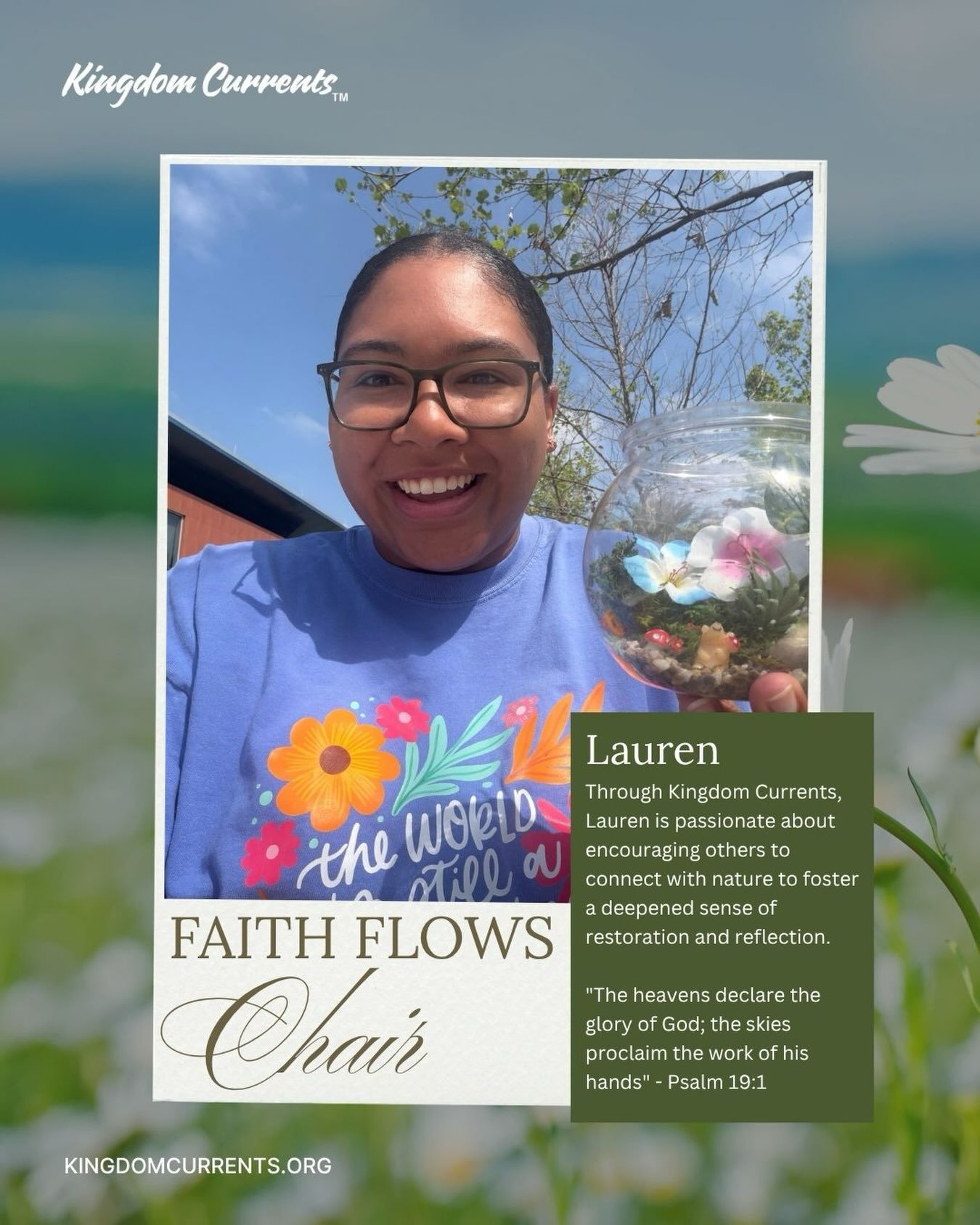 Meet Lauren! 🌿🤍

We are so excited to introduce Lauren, Kingdom Currents&rsquo; Secretary and Faith Flows Chair!

Through Kingdom Currents, Lauren is passionate about encouraging others to connect with nature as a way to foster a deeper sense of re