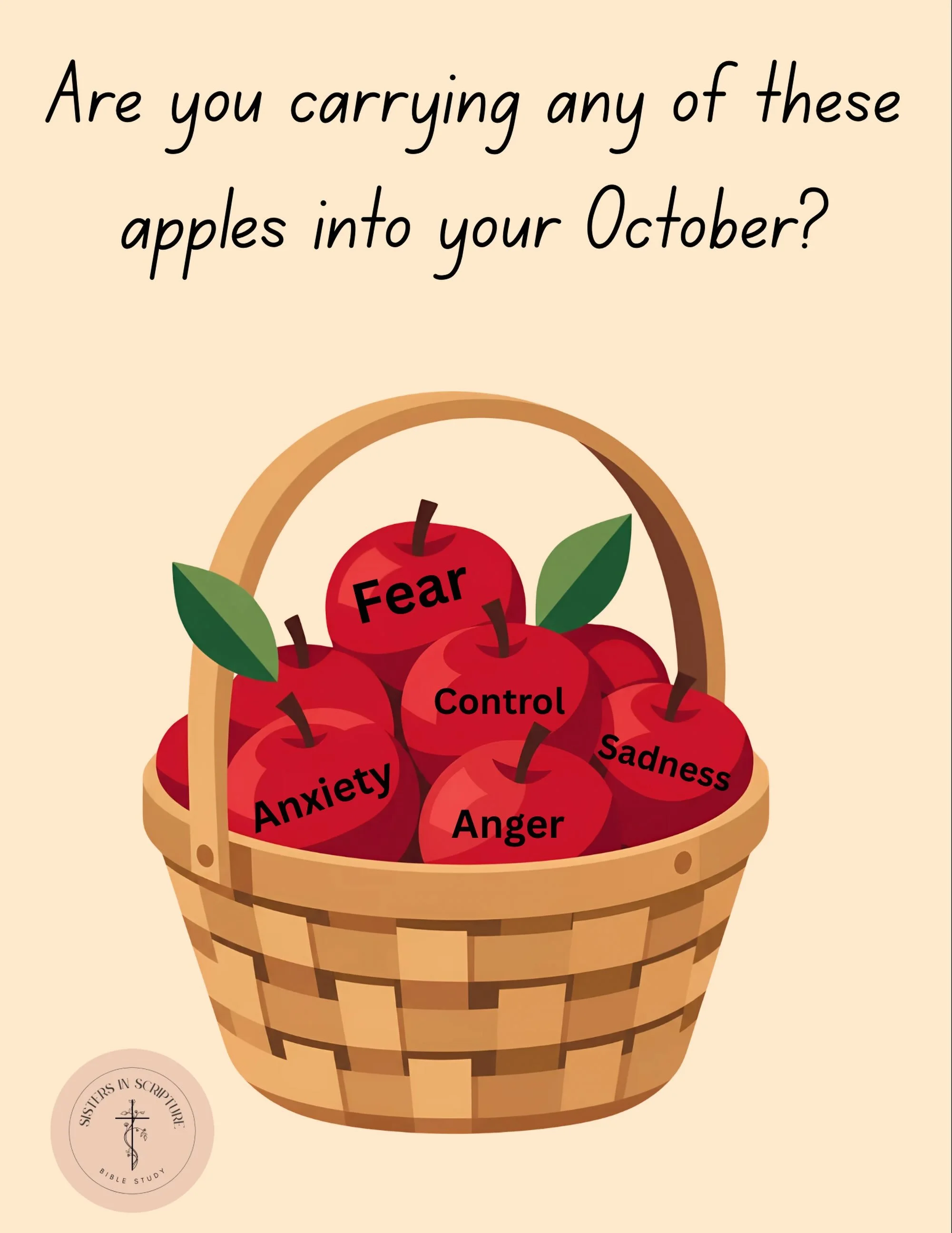 Happy October Sisters 🍎 

What would it look like for you to surrender one of these apples to God this month? 

1 Peter 5:7 says &ldquo;Cast all your anxiety on Him because he cares for you&rdquo;

Lets start off our month strong, turning to our God