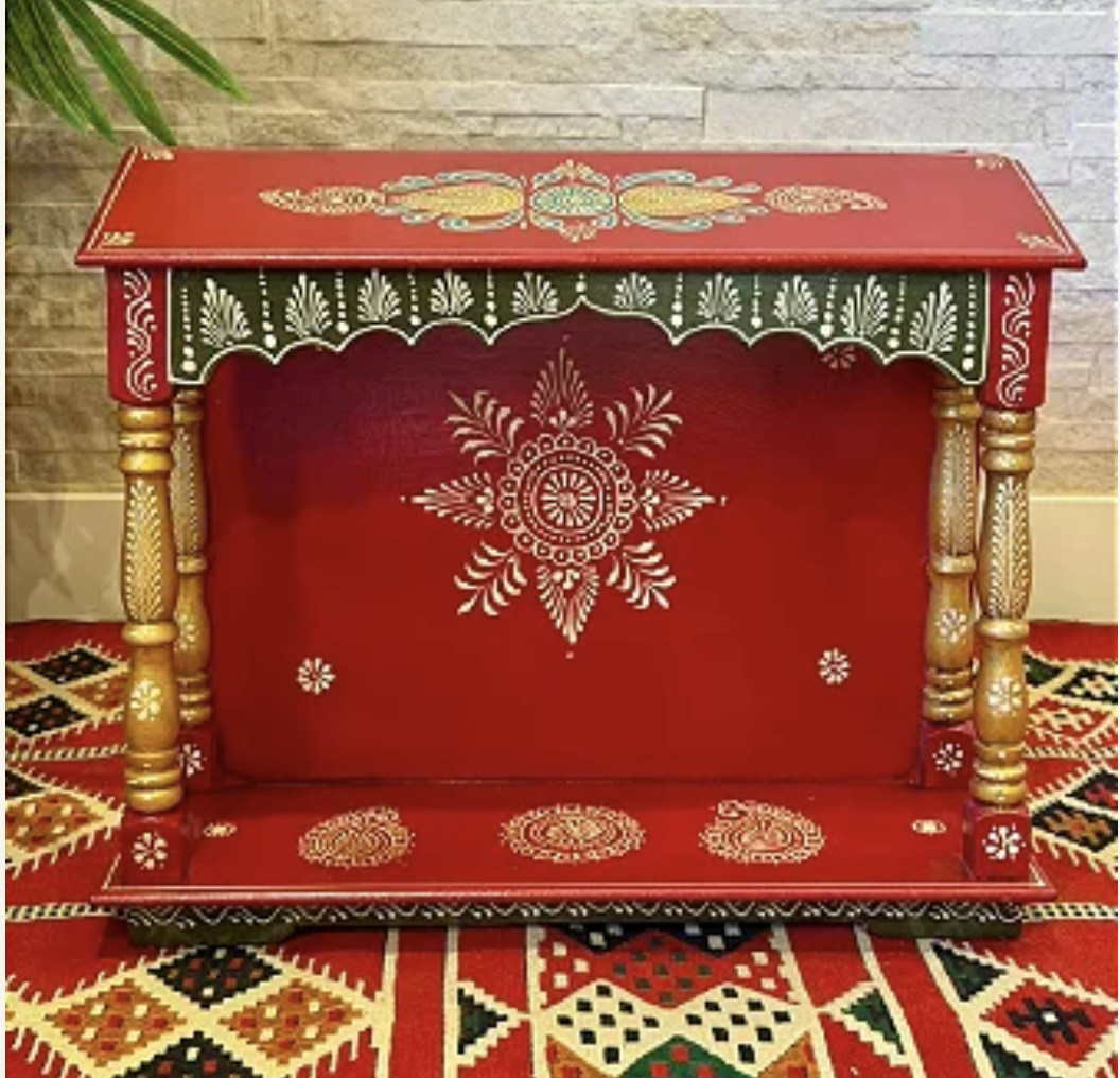 Escultura Altar Indiano - Decorativo - Pintado à mão - Vermelho e Colorido