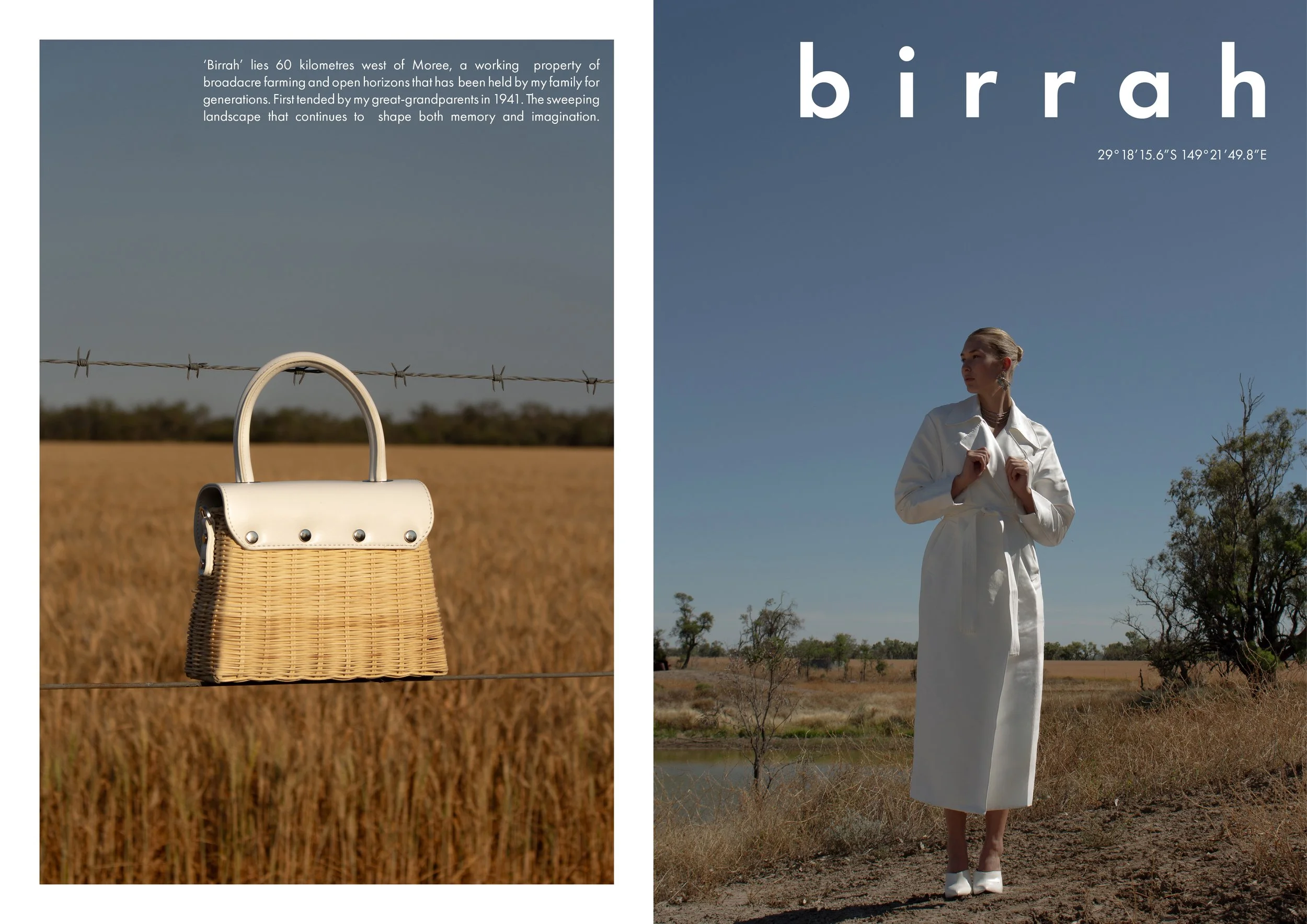 A wicker handbag with white top handle and flap is suspended on a barbed wire fence in a golden field under a clear blue sky; on the right, a woman in a white trench coat and white shoes stands in a similar field, looking to the side with trees and a
